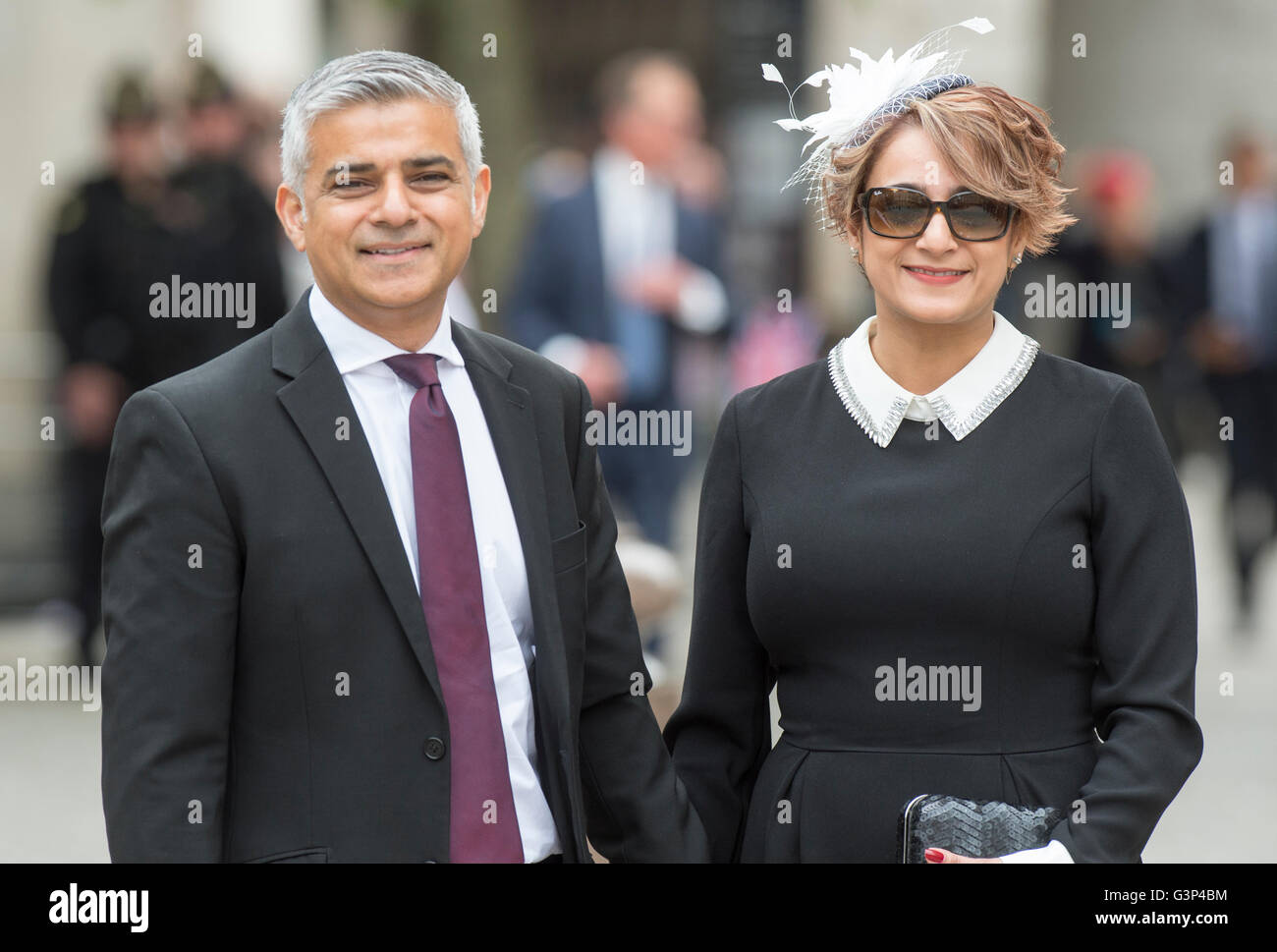 The Mayor of London Sadiq aman Khan and his wife Saadiya Khan attending H.M. The Queen's 90th birthday service at St Pauls Cathedral. Stock Photo