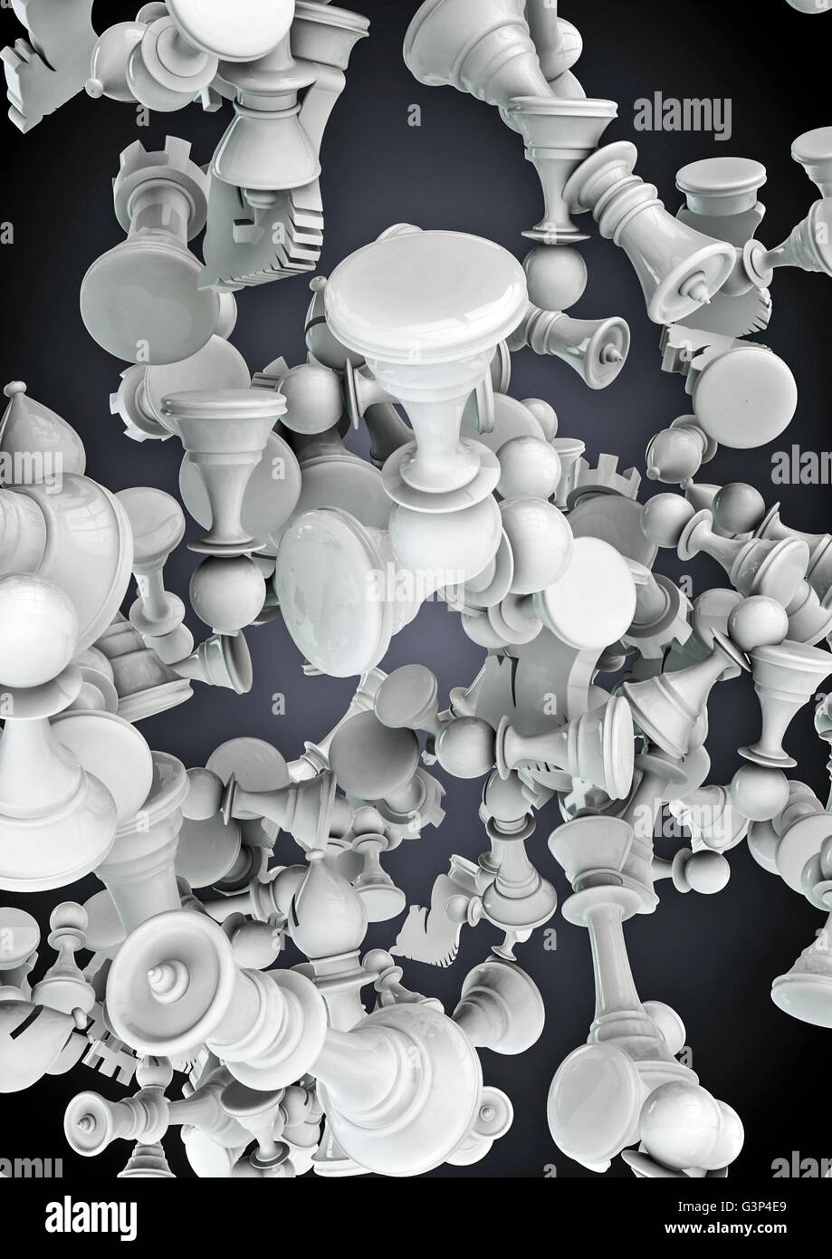 Chess storm / 3D render of chess pieces in the air Stock Photo