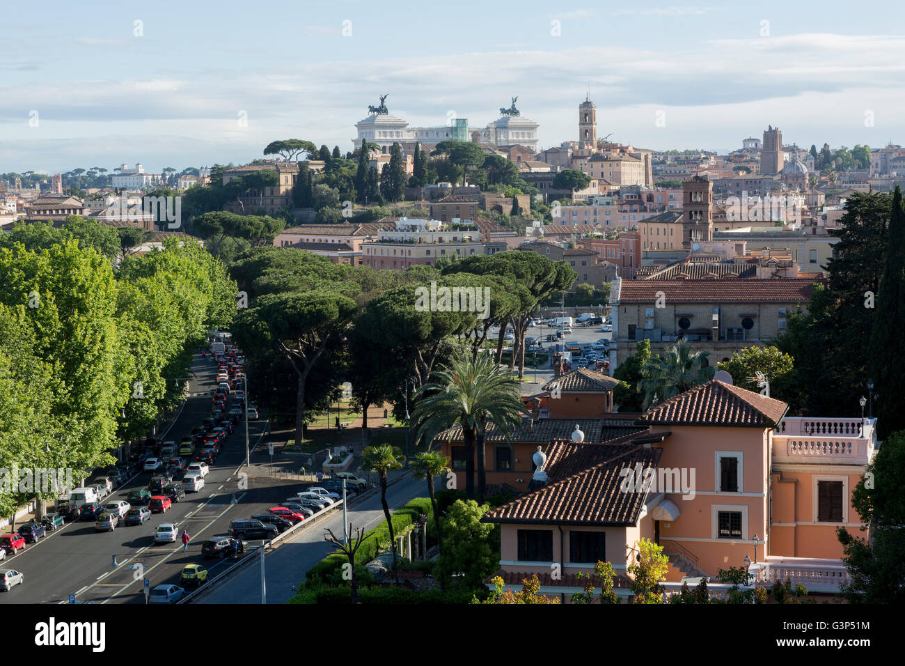 View of Rome from the Giardino degli aranci. Garden of oranges. Stock Photo