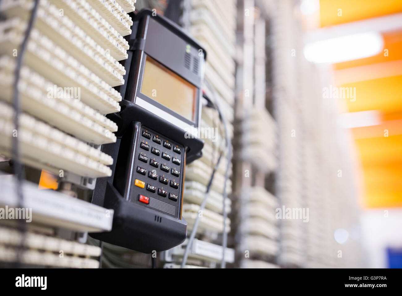 Close-Up of digital cable analyzer on rack mounted server Stock Photo