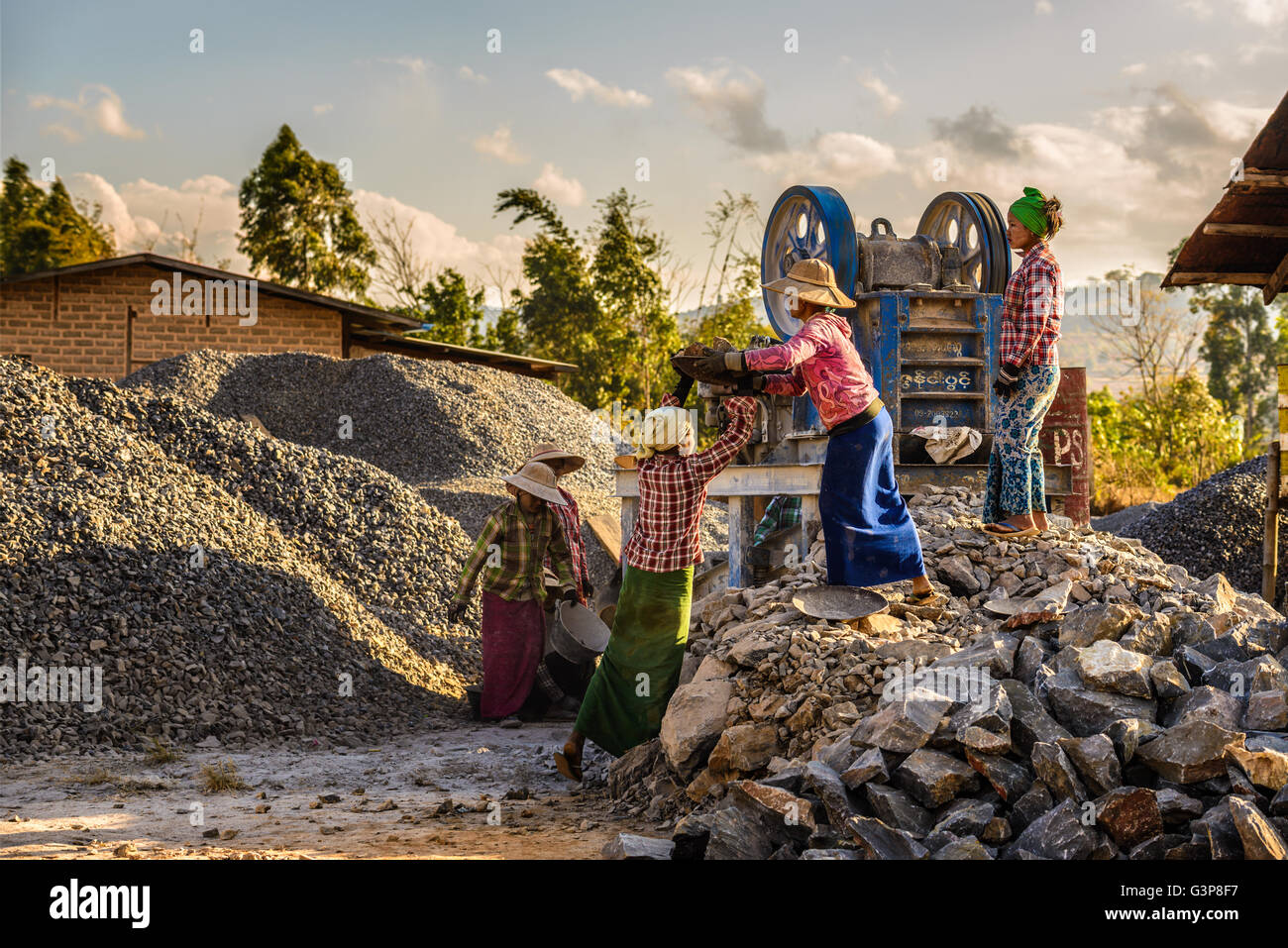 Woman workers work in a quarry Stock Photo