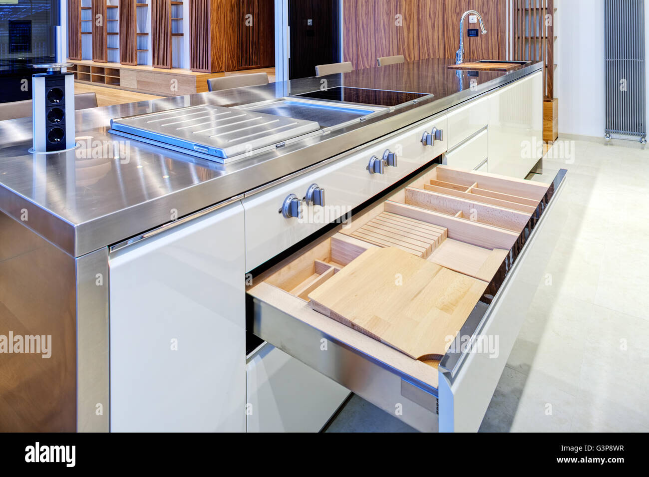 Modern kitchen interior with stainless steel sink and appliances Stock ...