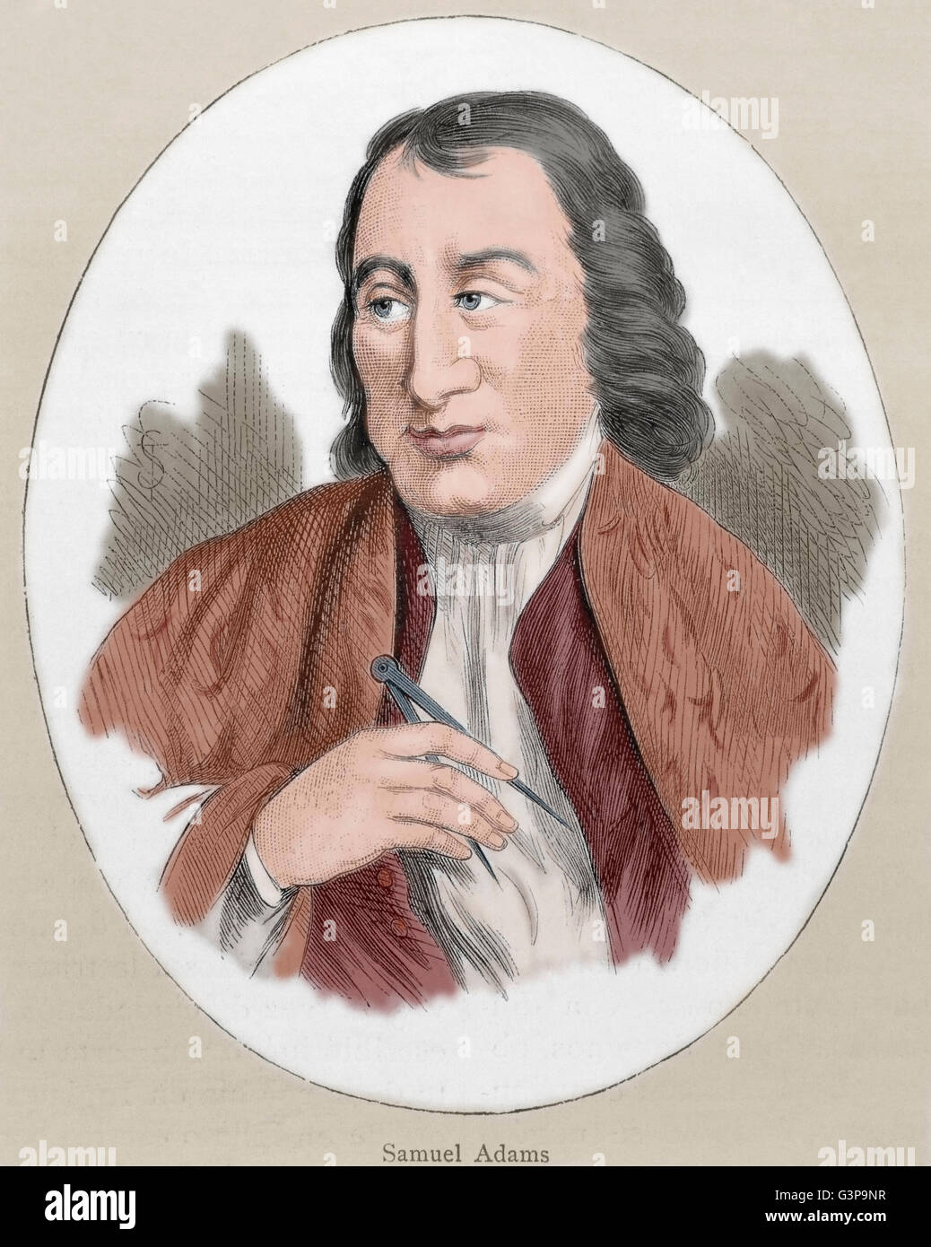 Samuel Adams (1722-1803). American statesman, political philosopher, and one of the Founding Fathers of the United States. Portrait. Engraving. Colored. Stock Photo