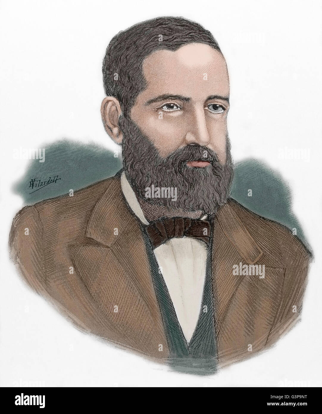 Evaristo Carazo Aranda (1821-1889). President of Nicaragua (1887-1889). Member of the Conservative Party of Nicaragua. Portrait. Engraving at 'Americanos celebres', 1888. Colored. Stock Photo