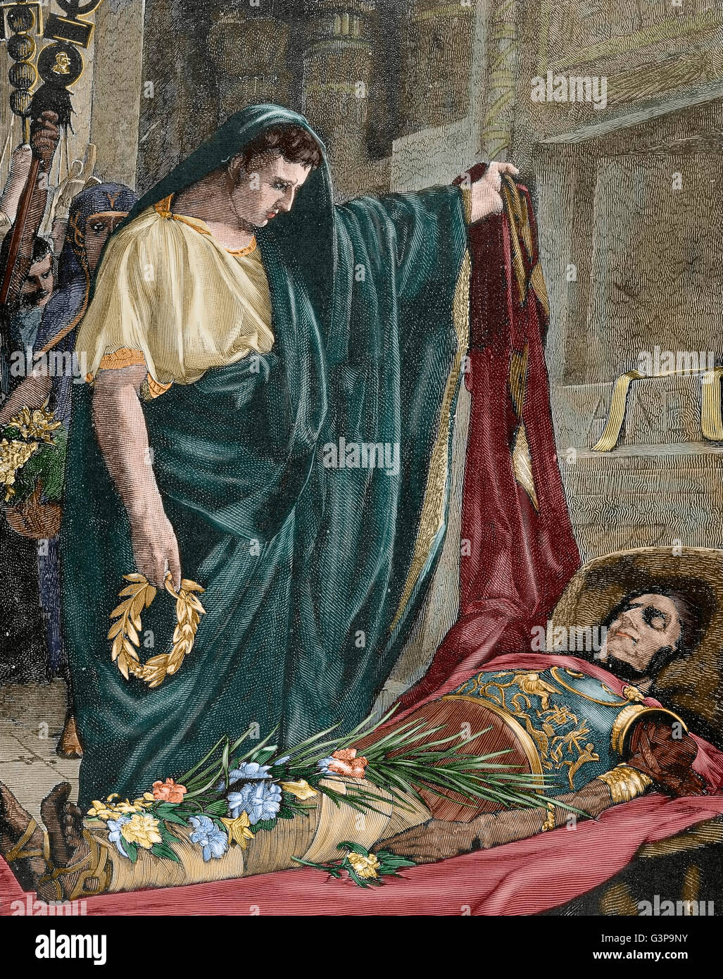 The Roman politician and General Marcus Antonius (83-30 BC)before the dead body of the Roman statesman Julius Caesar (100-44 B.C.). Engraving. 19th century. Colored. Stock Photo