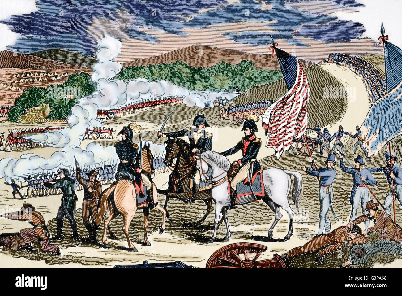 American Revolutionary War (1775-1783). Battles of Saratoga (1777). First Saratoga: Battle of Freeman's Farm (September 19th, 1777). Engraving. Colored. Stock Photo