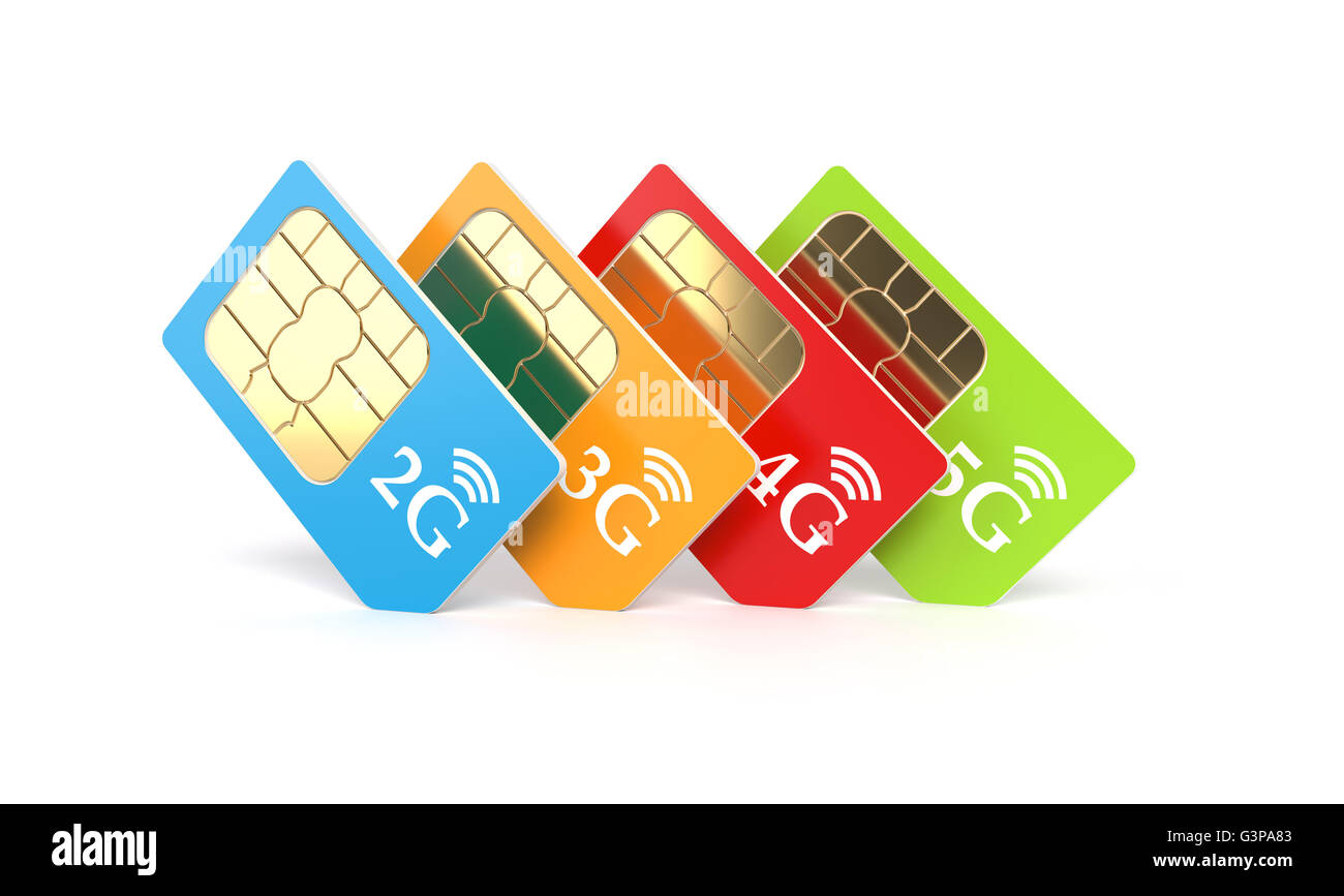 Set of color SIM cards with 2g, 3g, 4g, 5g technology icon isolated on white background. 3d rendering illustration Stock Photo