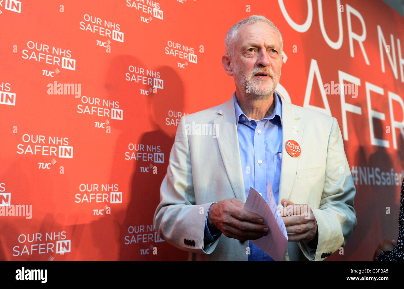 Labour party leader Jeremy Corbyn during the TUC 'NHS safer in the EU' event at the TUC Congress Centre, London, where he pleaded for his party's supporters and trade unionists to vote Remain in the EU referendum in order to safeguard and extend the rights of ordinary workers. Stock Photo