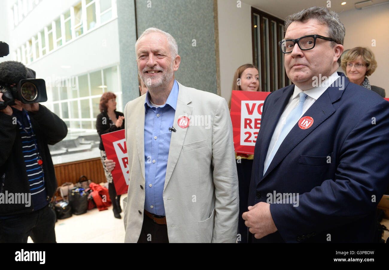 Labour Party leader Jeremy Corbyn and Deputy Leader Tom Watson arrive at the TUC Congress Centre, London, where he pleaded for his party's supporters and trade unionists to vote Remain in the EU referendum in order to safeguard and extend the rights of ordinary workers. Stock Photo