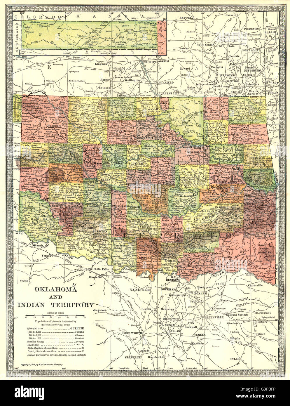 OKLAHOMA AND INDIAN TERRITORY state map. Counties, 1907 Stock Photo