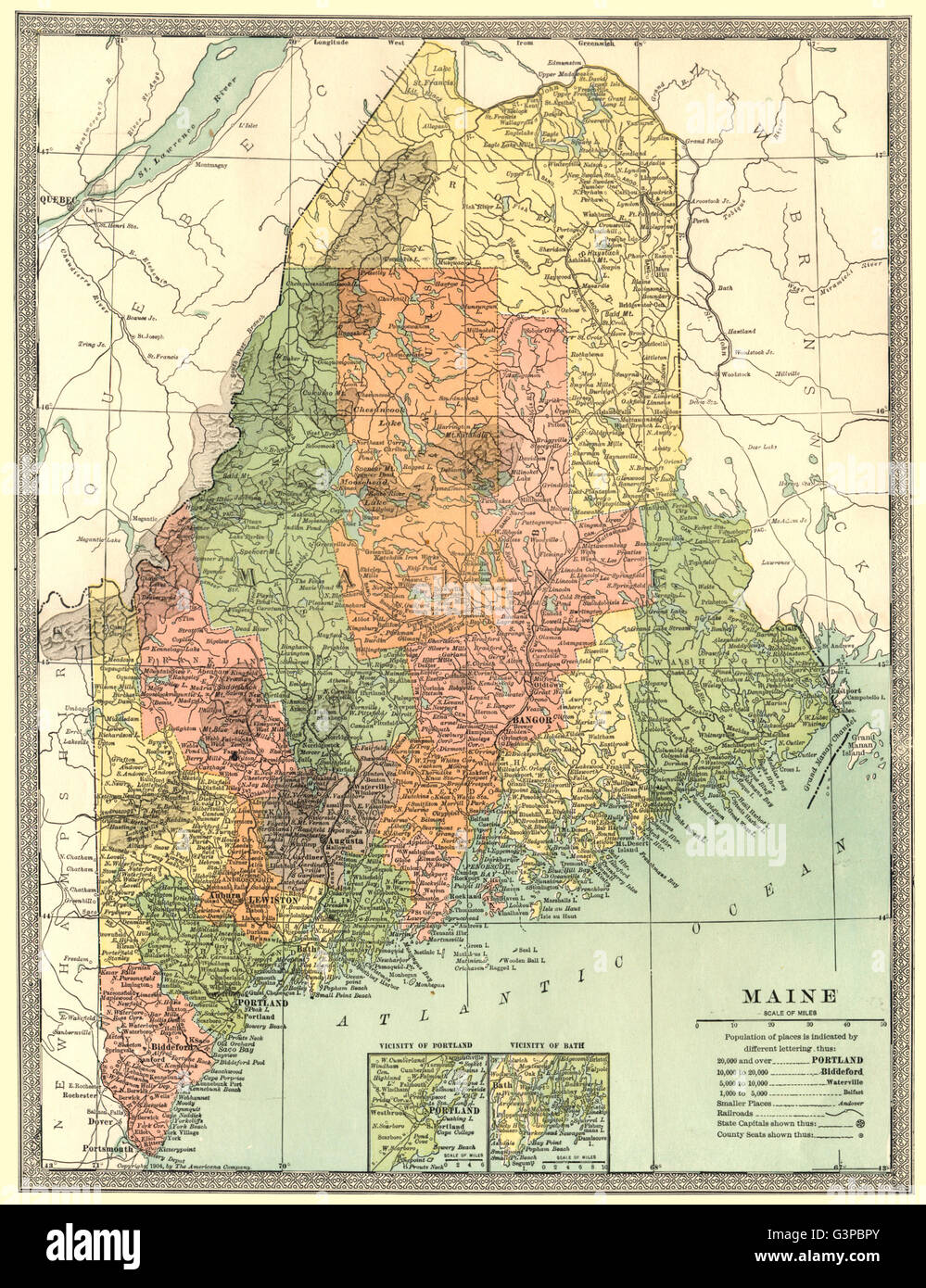 MAINE state map. Counties. Portland & Bath insets, 1907 Stock Photo Alamy