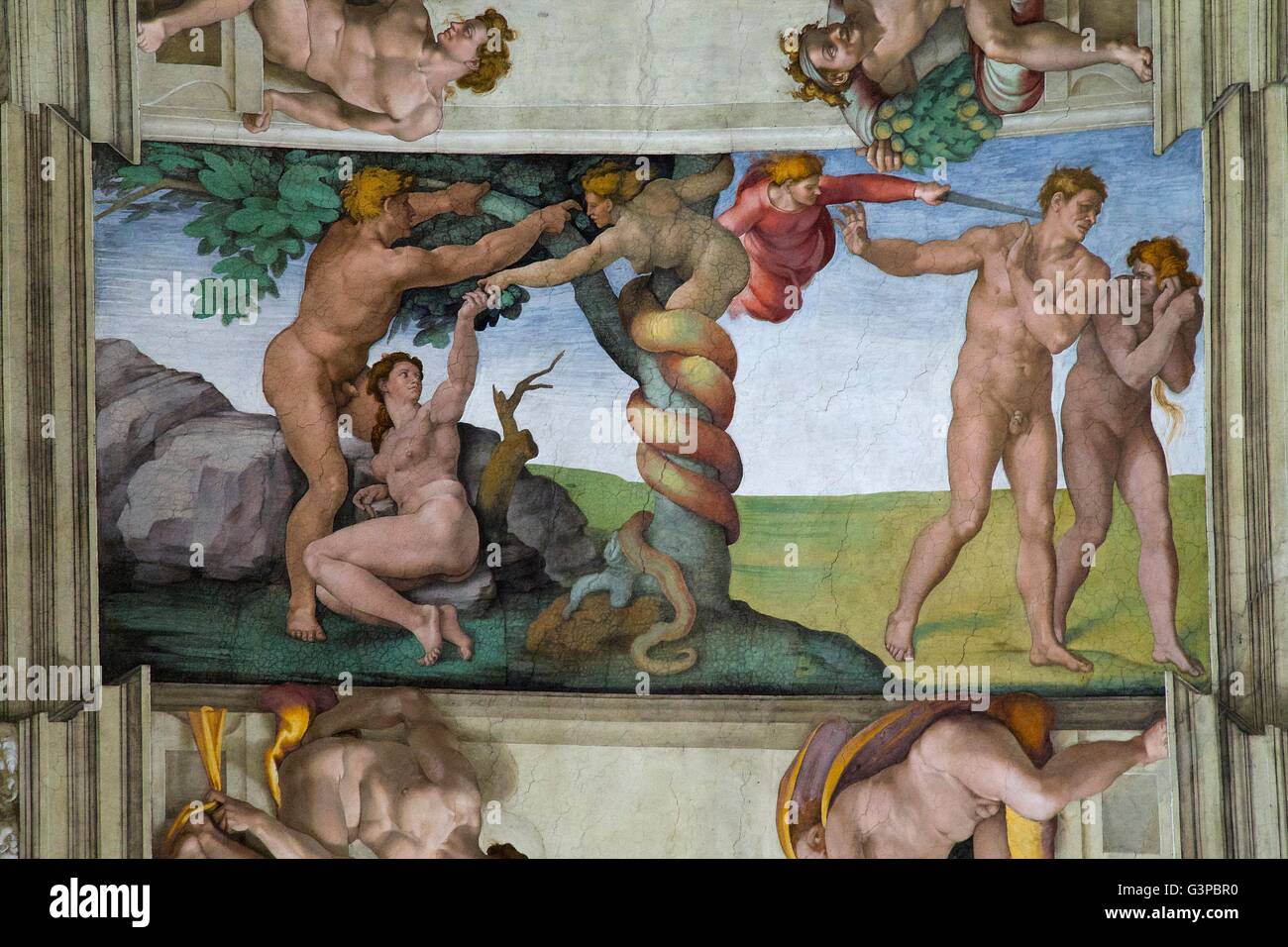 Fall and Expulsion from Garden of Eden, 1509-10, fresco, ceiling of Sistine Chapel, by Buonarroti Michelangelo, Vatican Museums, Stock Photo