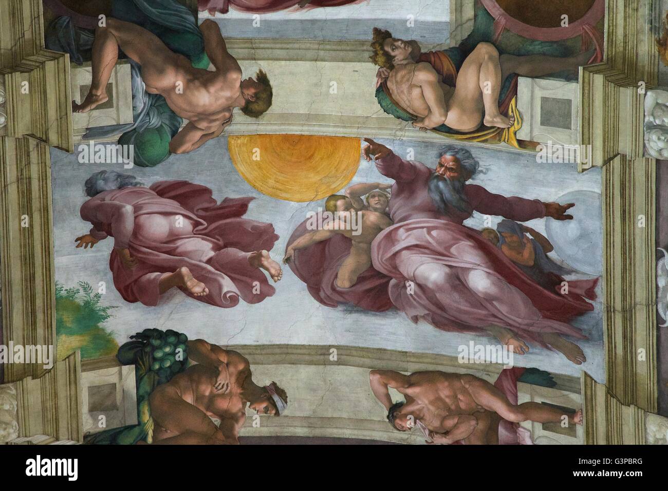 God creating the Sun, Moon and Earth fresco, ceiling of Sistine Chapel, by Buonarroti Michelangelo, 1508-1512, Vatican Museums, Stock Photo