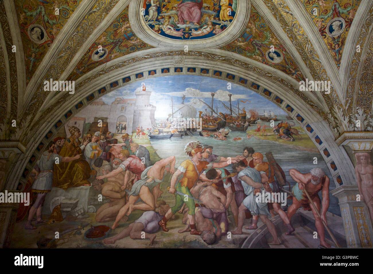 Battle of Ostia, Room of Fire in the Borgo, 1514-1515, Raphael Rooms, Apostolic Palace, Vatican Museums, Rome, Italy Stock Photo