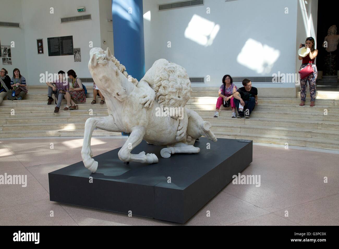 Lion attacking a horse, Greek marble, modified in 1594 by Ruggero Bascape, Capitoline Museum, Rome, Italy Stock Photo