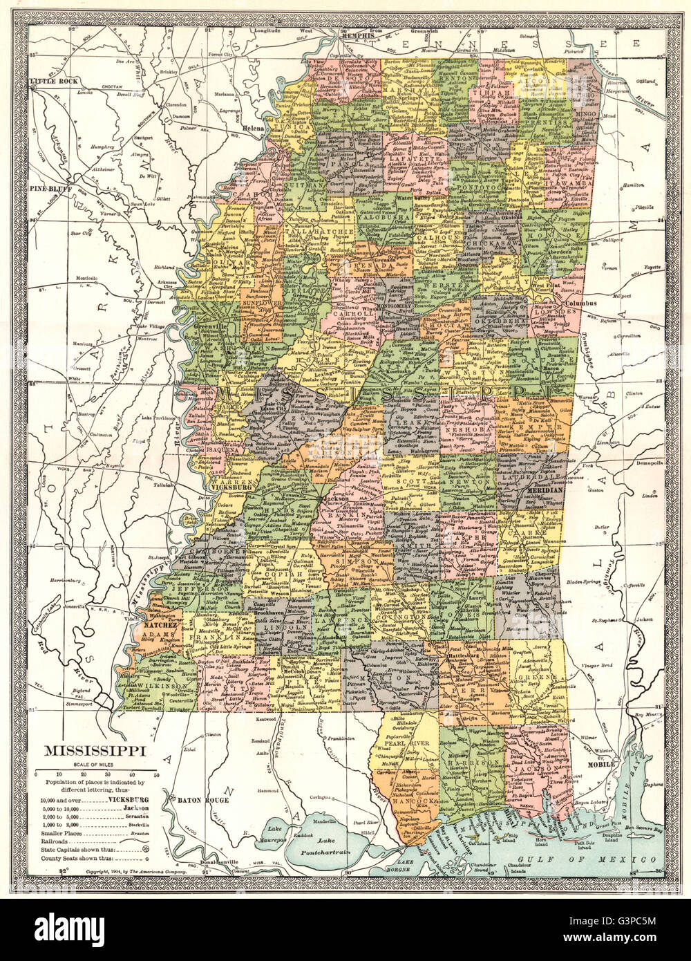 MISSISSIPPI state map. Counties, 1907 Stock Photo