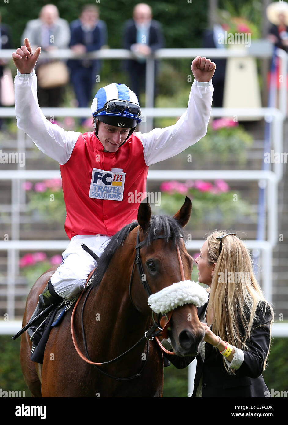 Jockey Adam Kirby celebrates winning the Kings Stand Stakes on horse Profitable during day one of Royal Ascot 2016, at Ascot Racecourse. Stock Photo