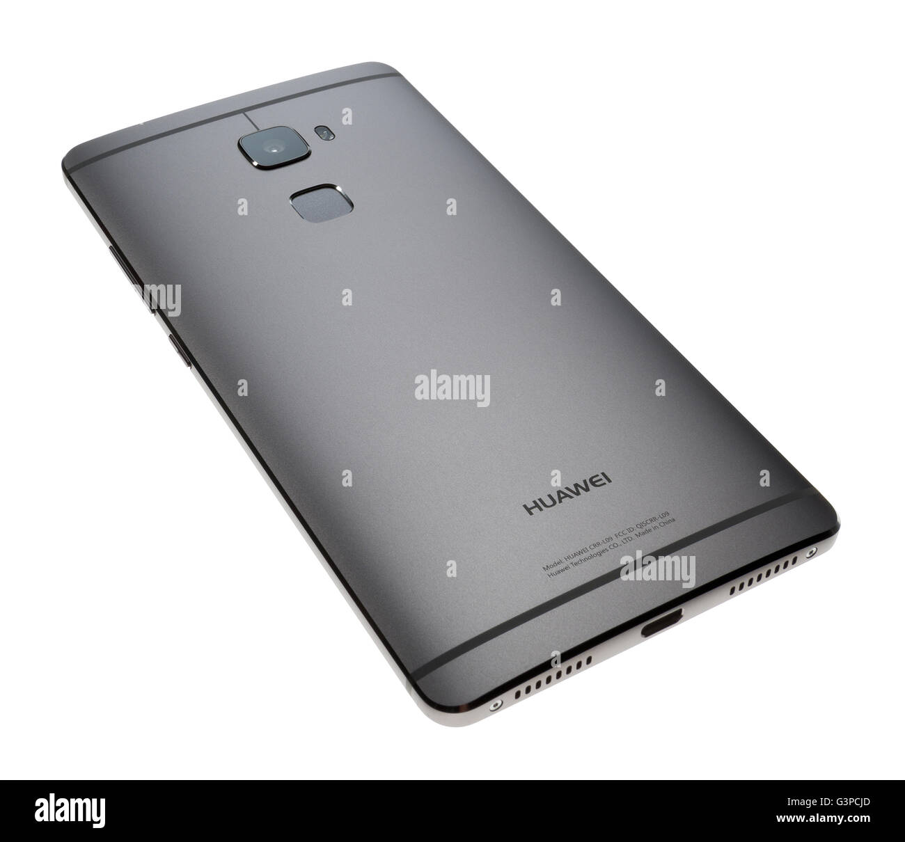 Huawei Mate S mobile phone or cellphone. Back of device showing camera lens and fingerprint scanner. Stock Photo