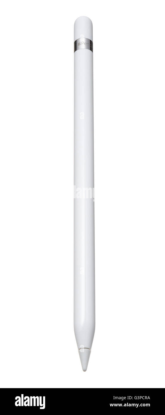 iPad Pro stylus. Apple iPad pen or input device. White pencil like stylus. Stock Photo