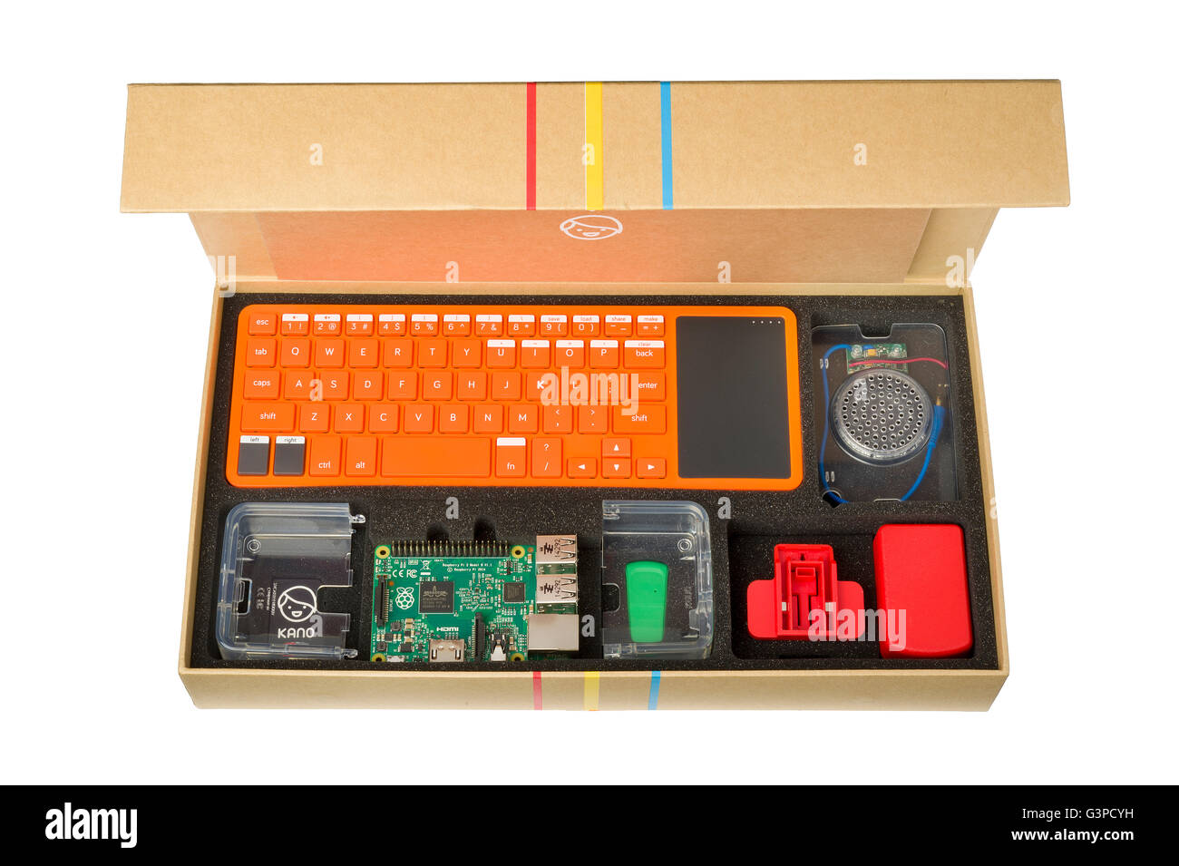 Kano computer kit in a cardboard box. Build and code a computer to teach children skills. Simple learning tool for all ages. Stock Photo