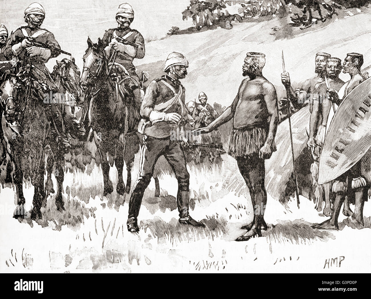 The surrender of Cetewayo to the British at the end of the Anglo-Zulu War, 1879. Cetshwayo kaMpande, c. 1826 – 1884.   King of the Zulu Kingdom  and its leader during the Anglo-Zulu War of 1879. Stock Photo