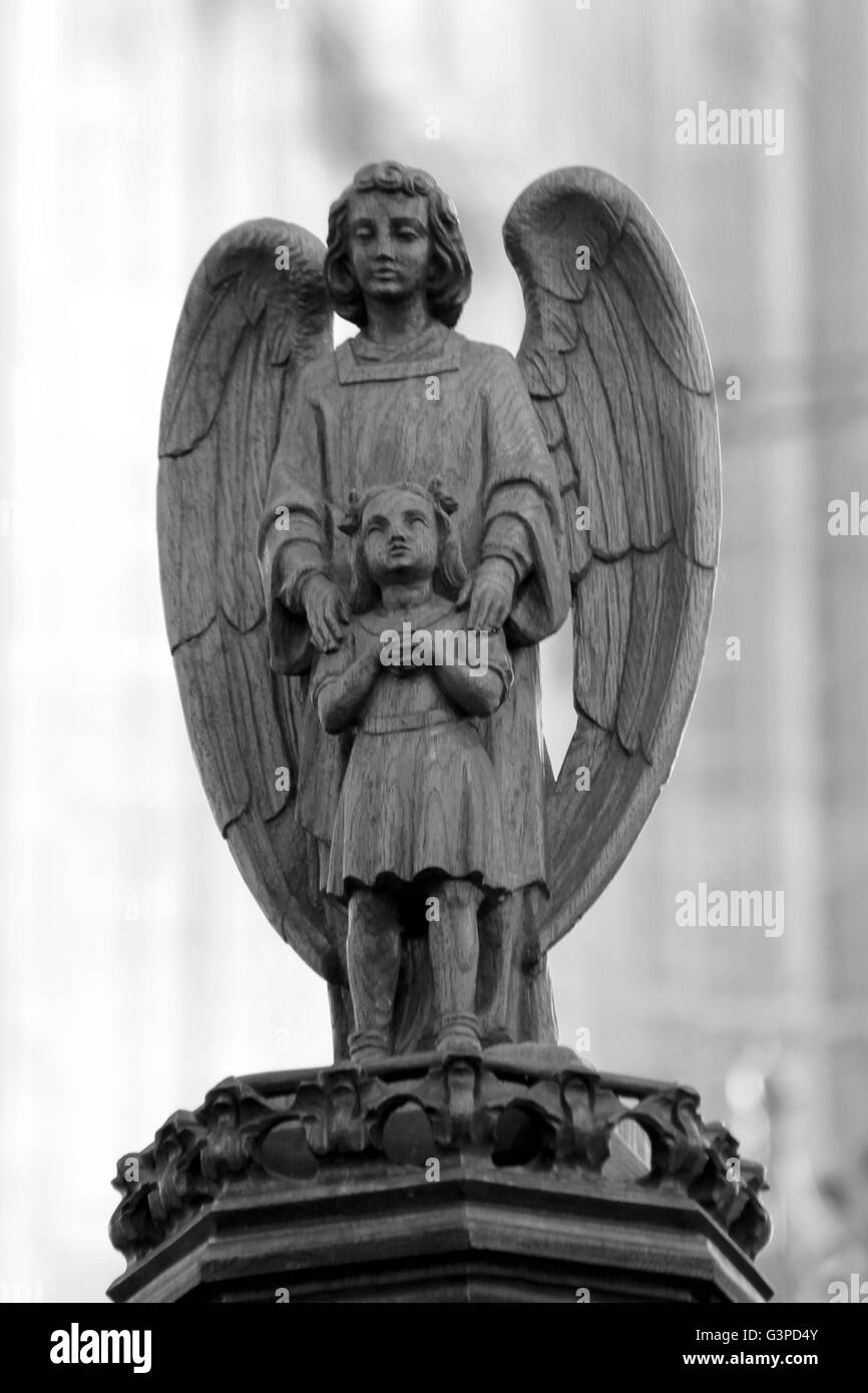 Angel Carving Black and White Boston Stump Stock Photo