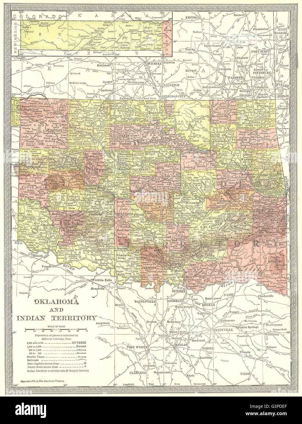 OKLAHOMA & INDIAN TERRITORY state map. Counties, 1907 Stock Photo