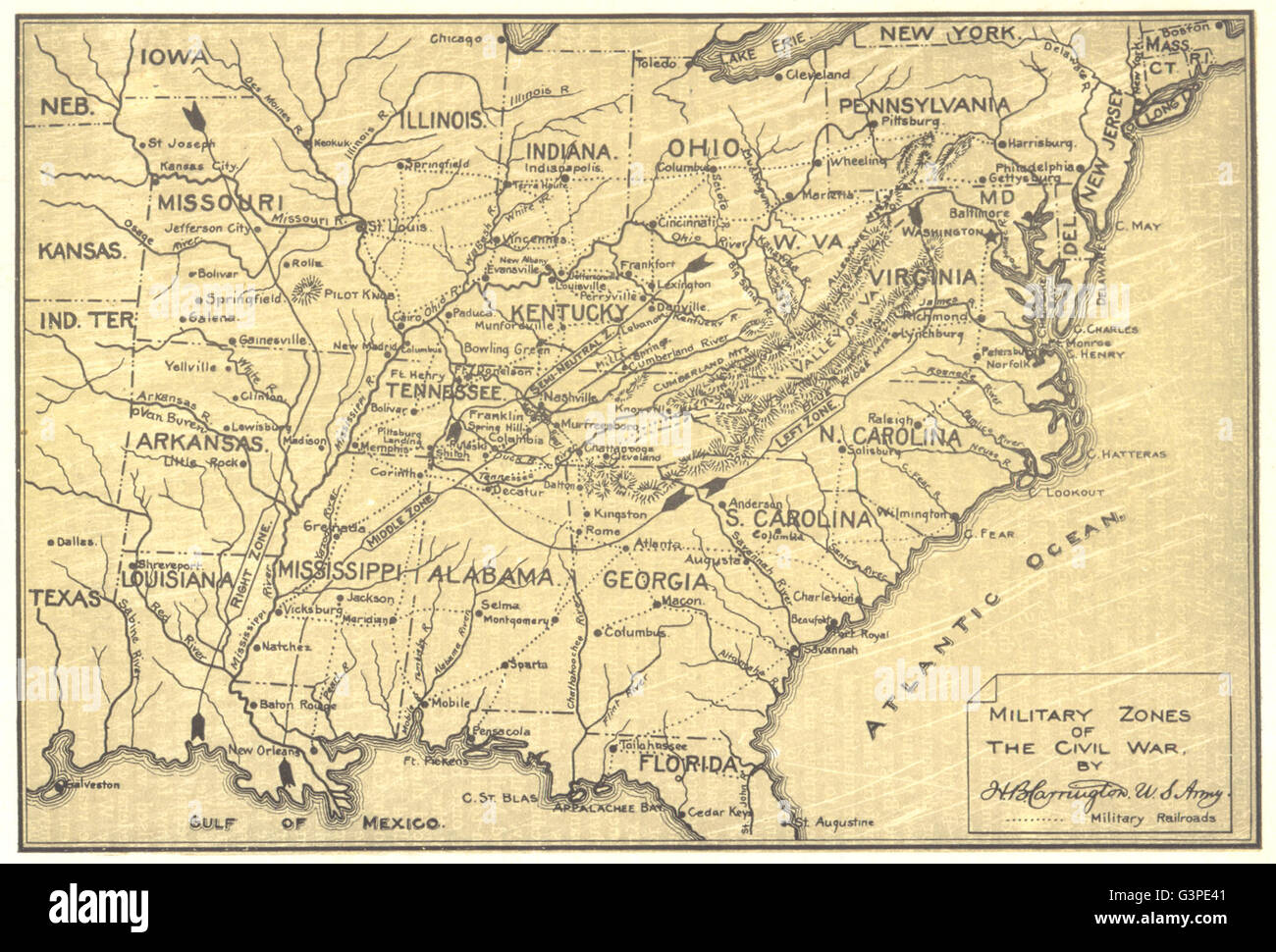Military zones of the AMERICAN CIVIL WAR. Railroads, 1907 antique map Stock Photo