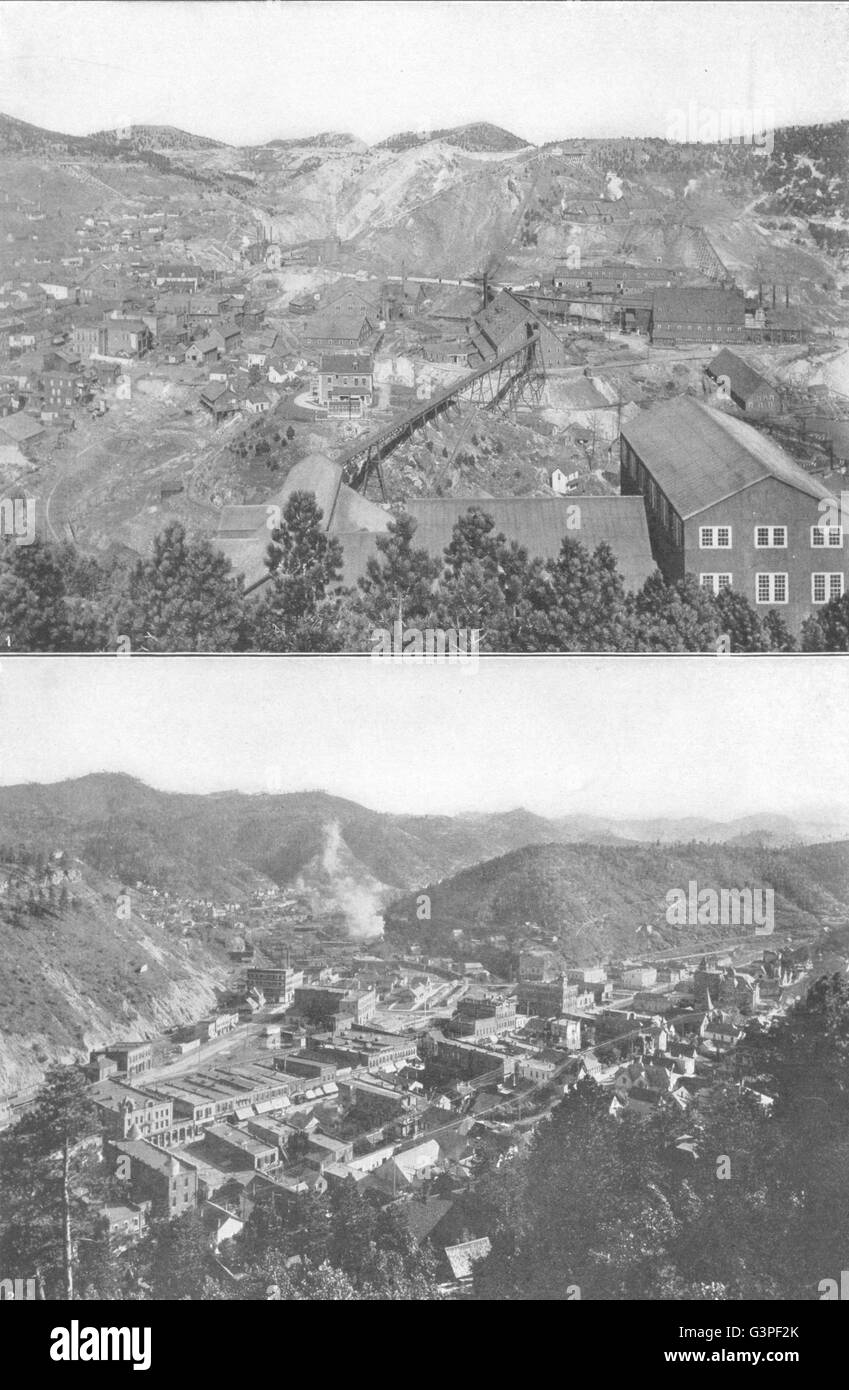 SOUTH DAKOTA: 1 famous homestake mine, Lead city; 2 Deadwood, old print 1907 Stock Photo