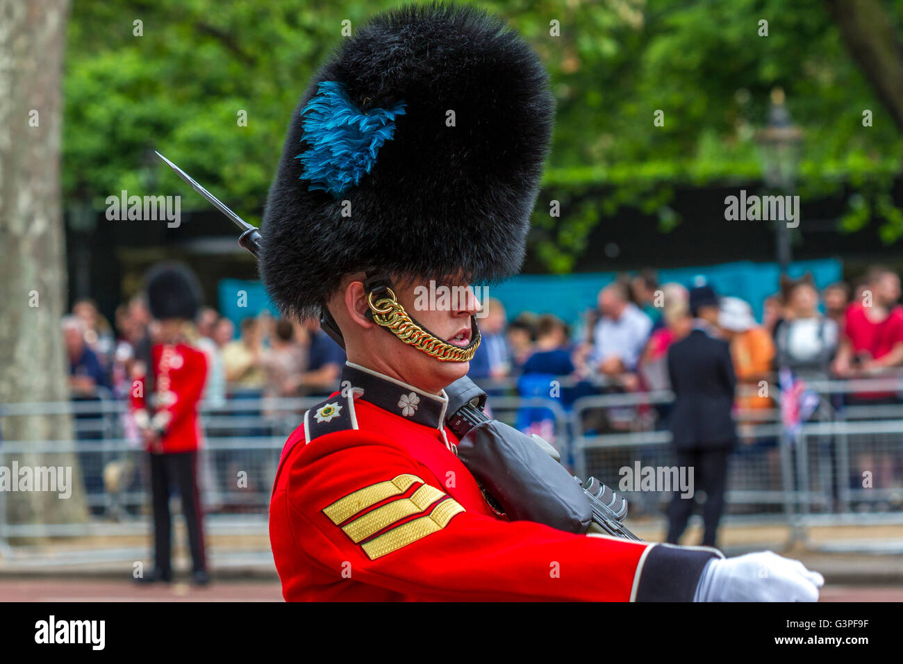 A Sergeant of The Irish Guards marching along the Mall at The Queens Birthday Parade also known as Trooping The Colour, The Mall , London,UK Stock Photo