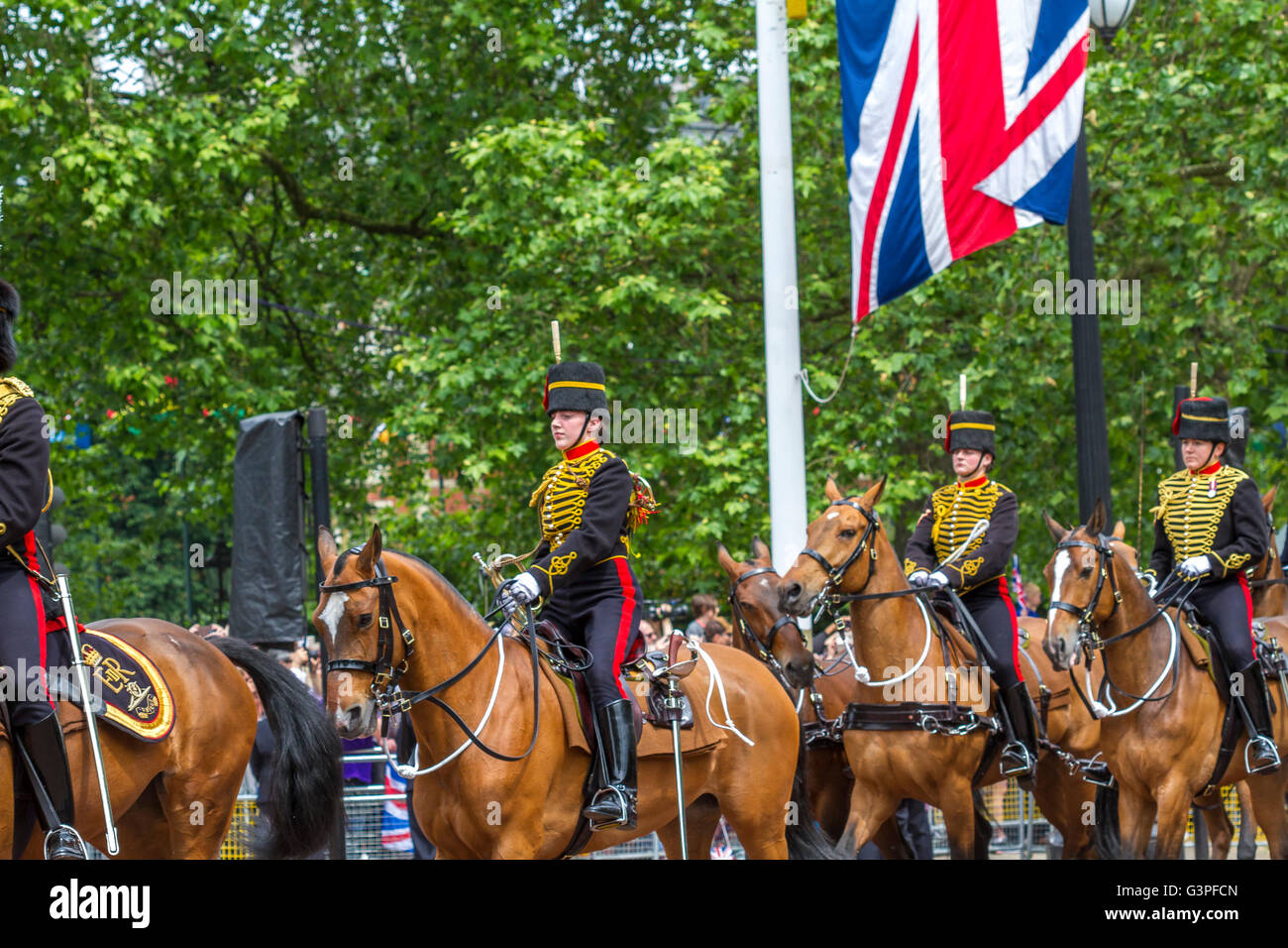 Soldiers from The Kings Troop Royal Horse Artillery on horseback  at The Queens Birthday Parade also known as Trooping The Colour,The Mall, London,UK Stock Photo