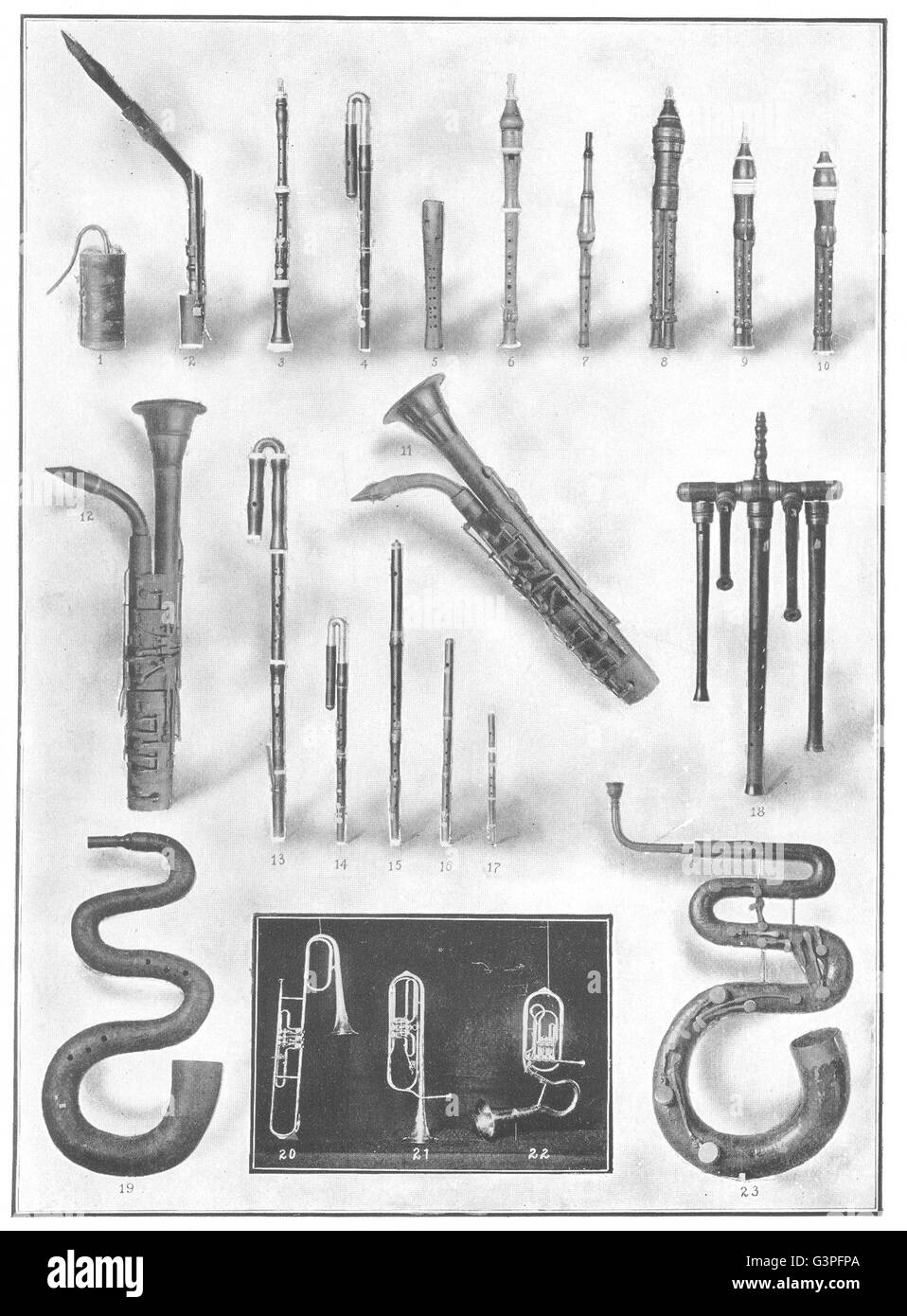 MUSIC INSTRUMENTS: Wurst Fagott Basset horn Oboe flute Flageolet Clarinet, 1907 Stock Photo
