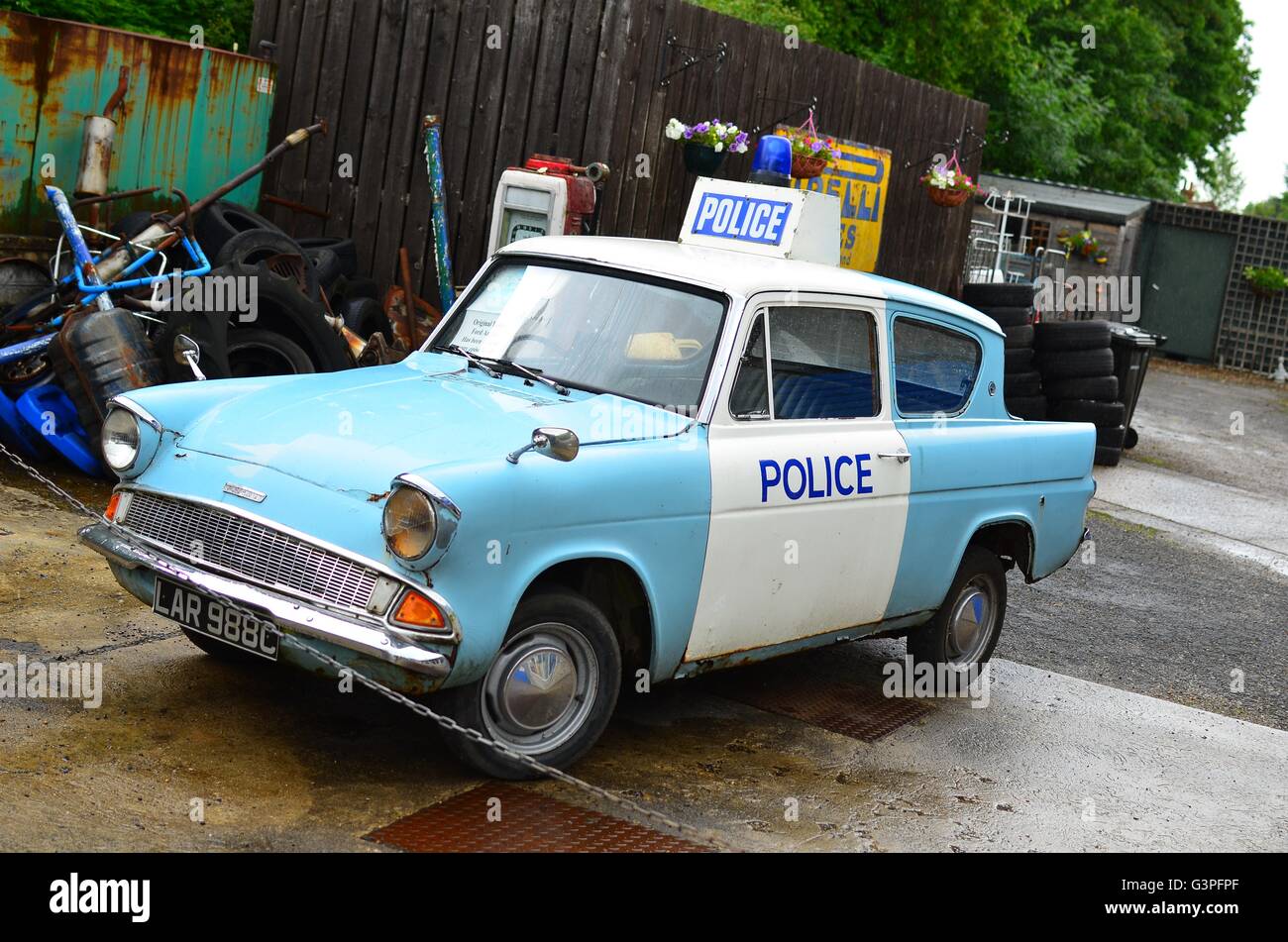 Ford Anglia Police car Heartbeat, Aidensfield Goathland in the North Yorkshire moors Stock Photo
