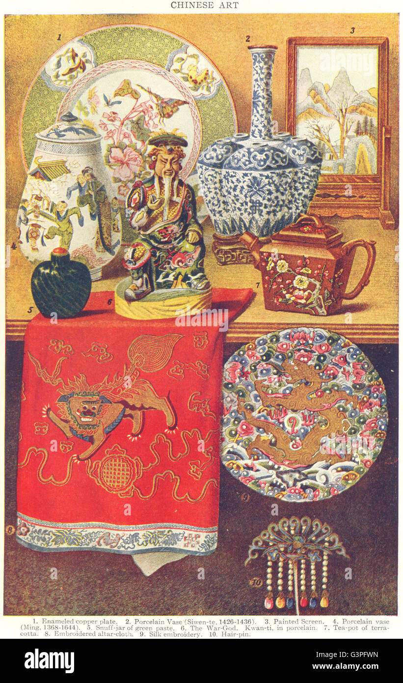 CHINA: Porcelain vase Ming Snuff-jar Green paste Kwan-ti terracotta Silk, 1907 Stock Photo