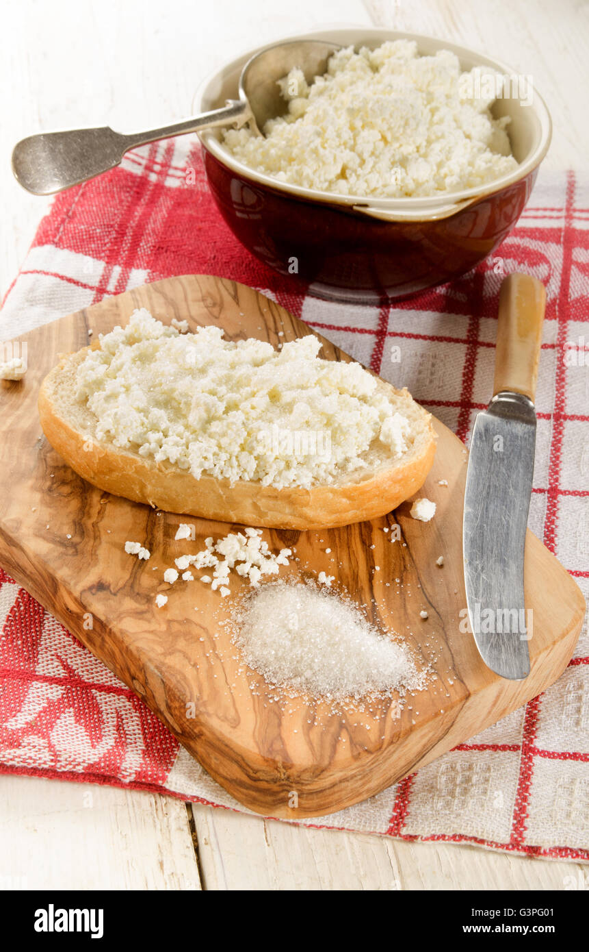 Bun With Home Made Cottage Cheese And Sugar On Wooden Board Stock