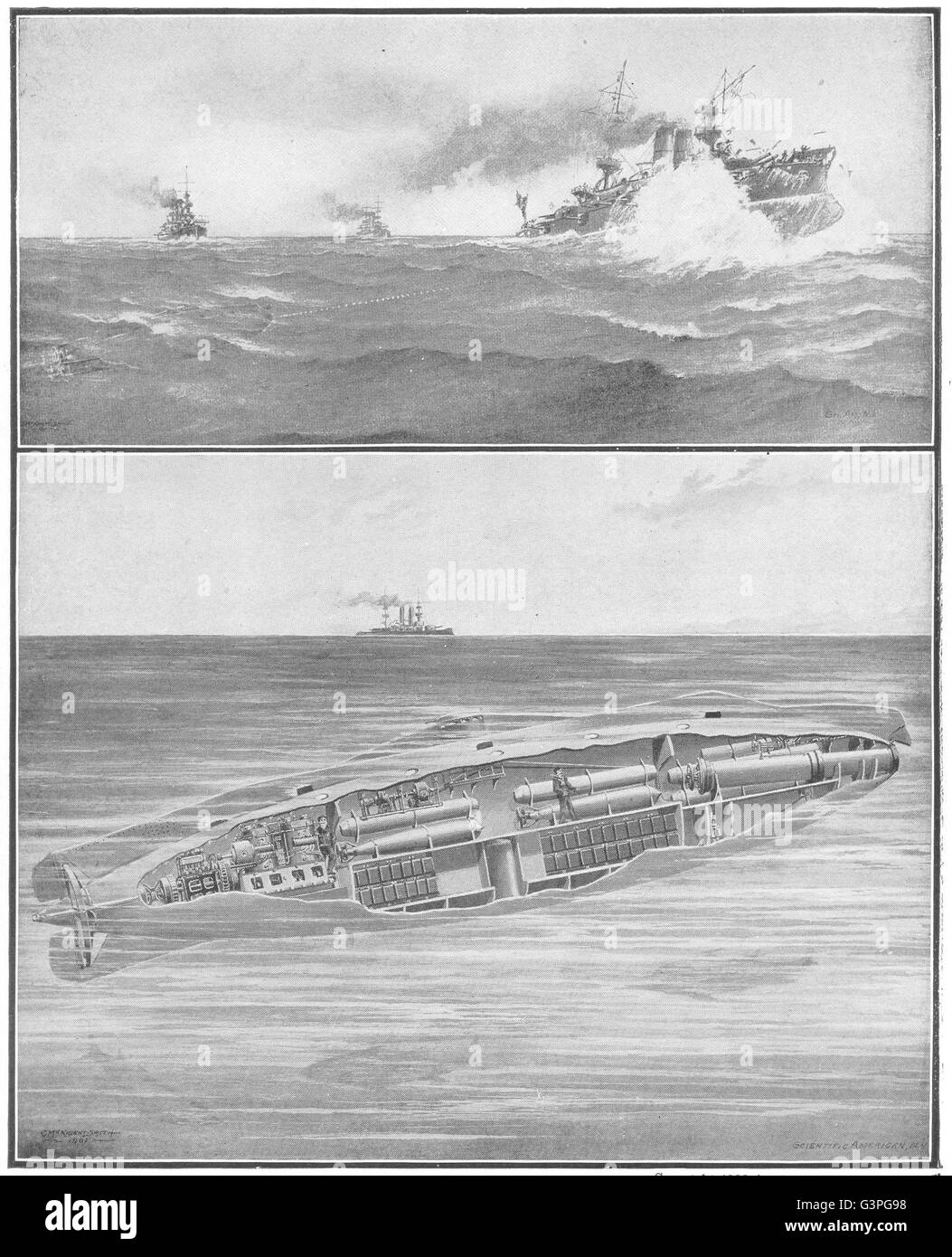 USA: New US submarine Torpedo boats; Method of attack, antique print 1907 Stock Photo