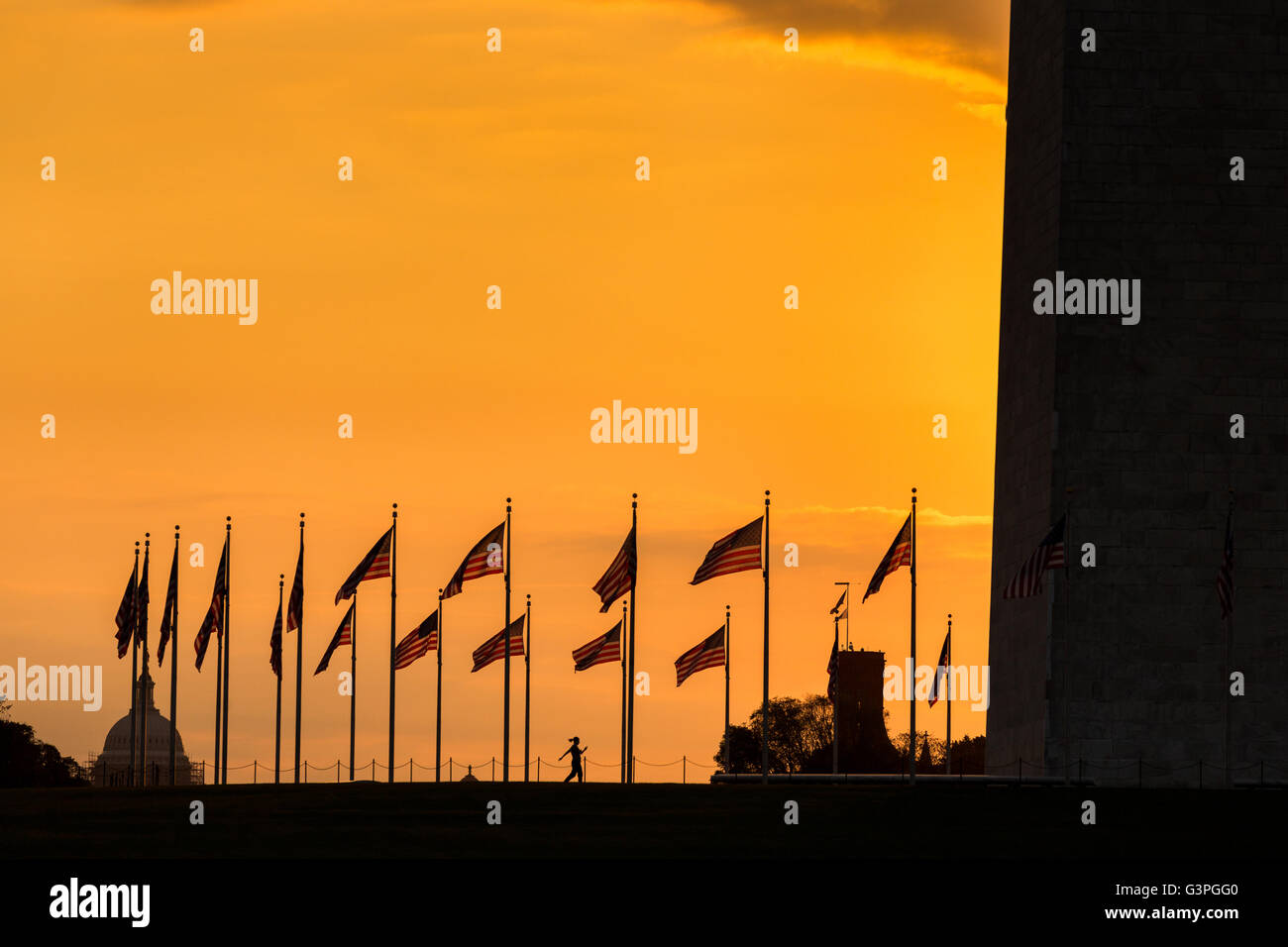 Flags around the Washington Monument flutter silhouetted by sunset in Washington, DC. Stock Photo