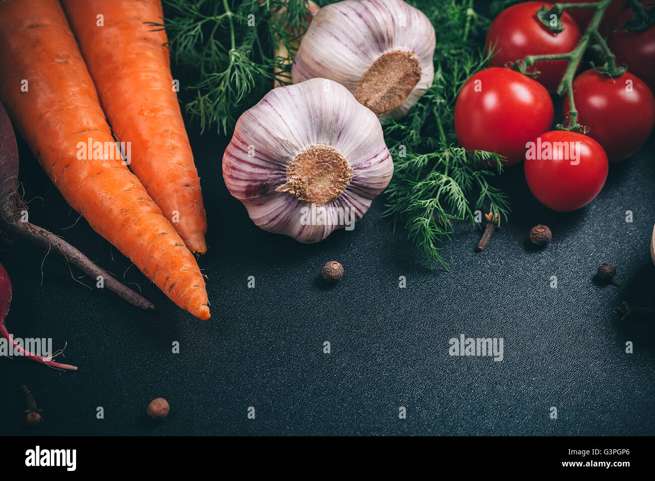 Beautiful background healthy organic eating. Studio photography the frame of different vegetables and mushrooms on vintage table Stock Photo