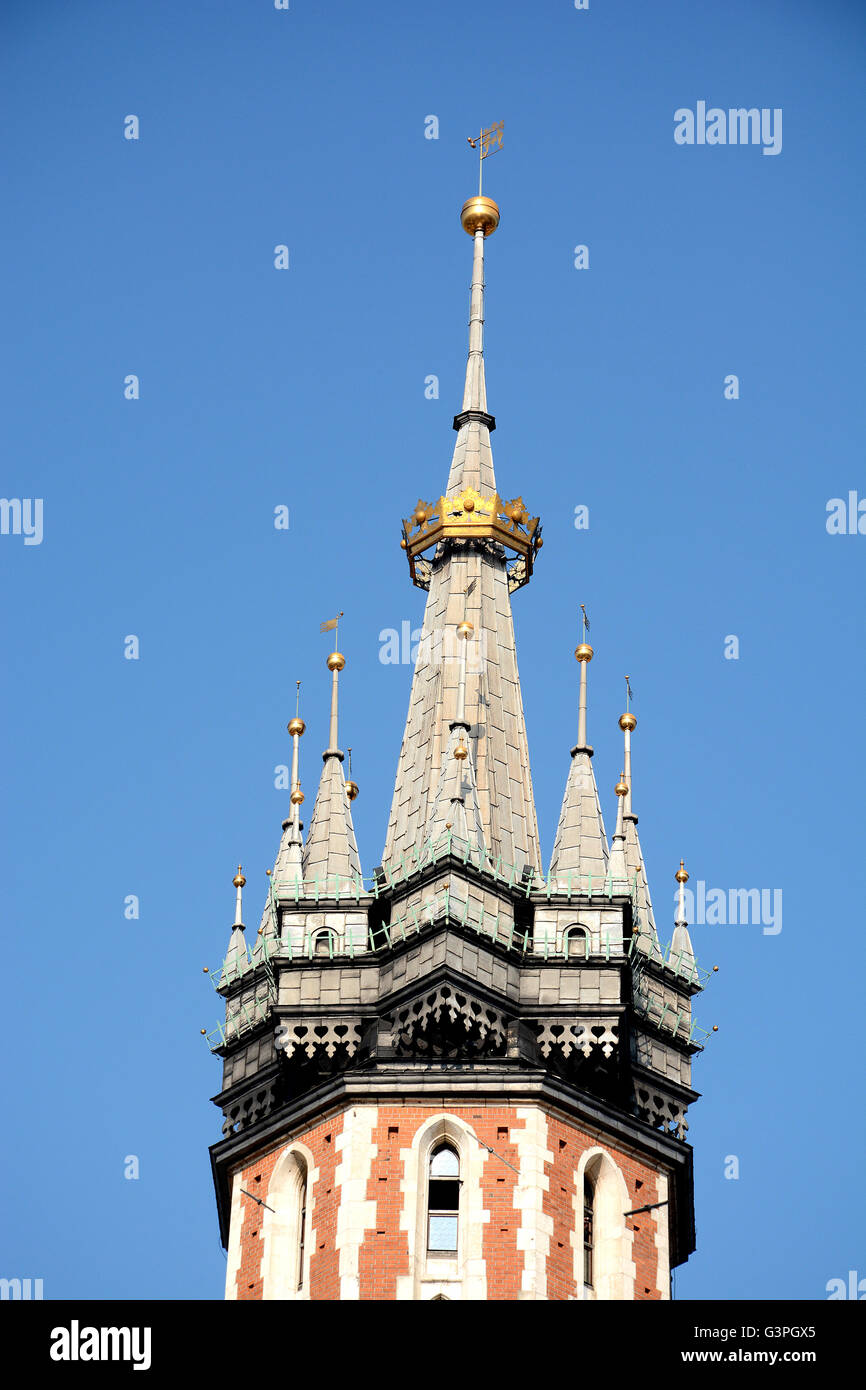 close-up on the tower of St Mary's Basilica Old Market Square Krakow Stock Photo