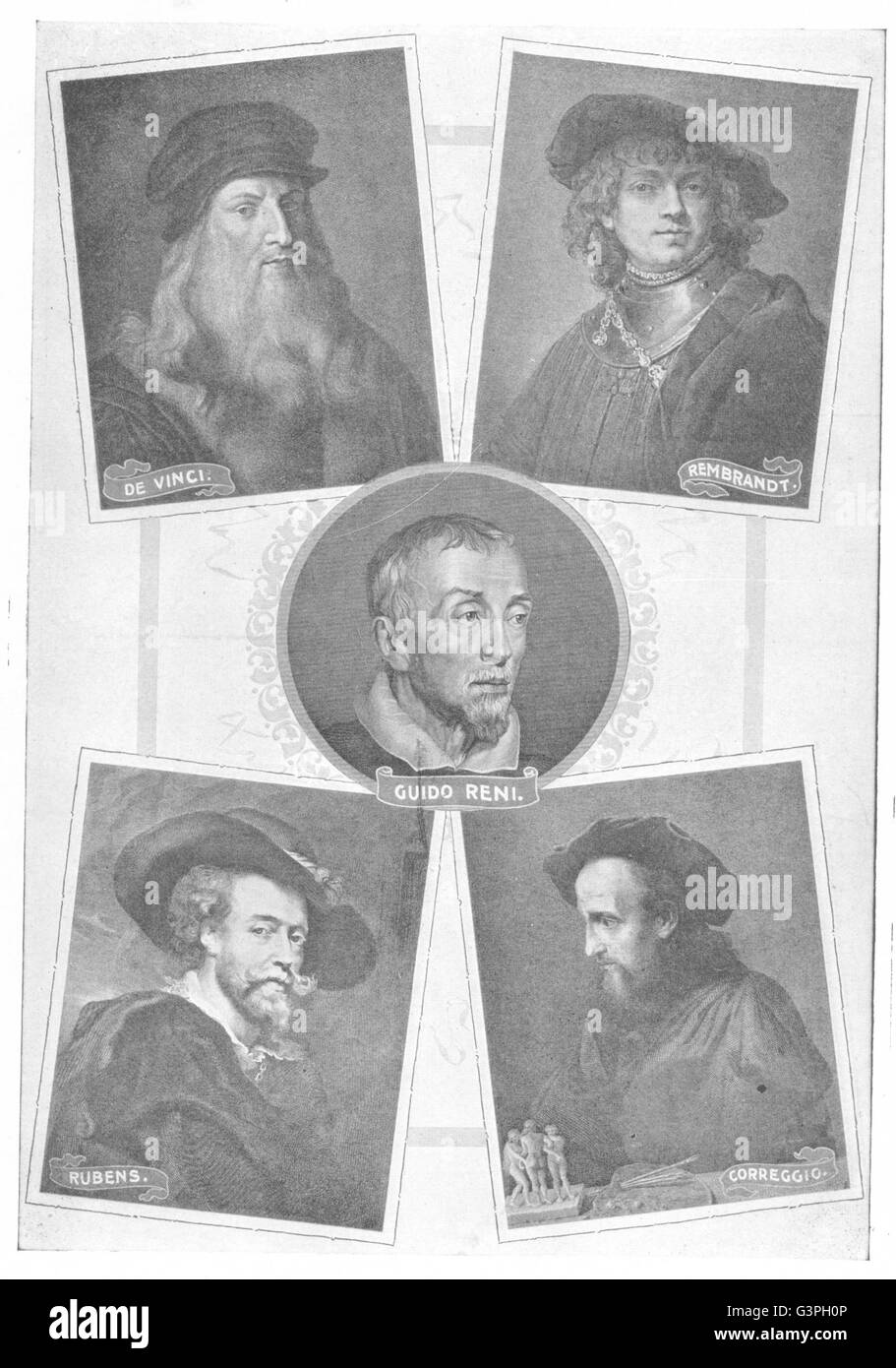 ARTISTS: Vinci; Rembrandt; Guido Reni; Rubens; Correggio, antique print 1907 Stock Photo