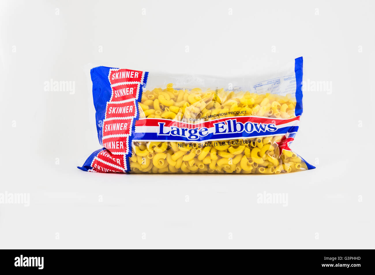 A 24 oz package of Skinner Large Elbows macaroni. USA. Stock Photo