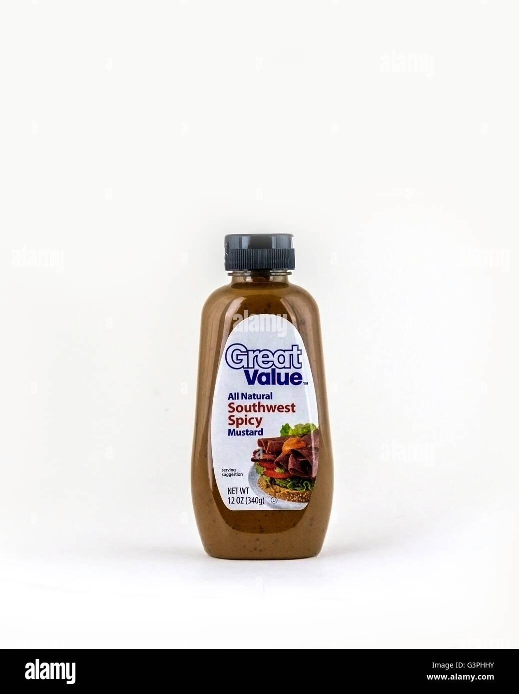 A bottle of Great Value Soutwest Spicy mustard, a Walmart store brand. Cutout. Stock Photo