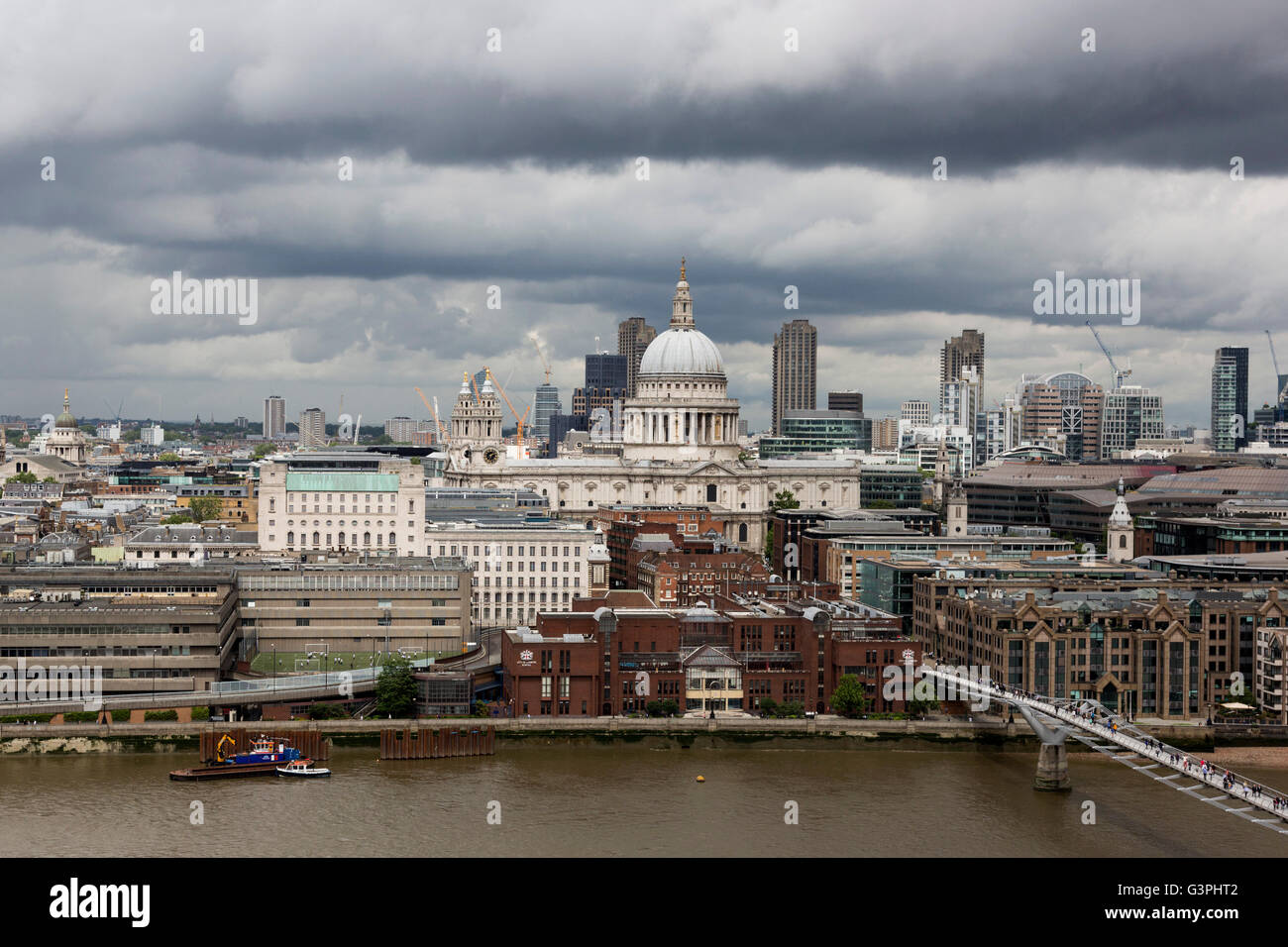 London, UK. 14 June 2016. View of St. Paul's Cathedral from the viewing terrace of the Switch House. Press preview of the new building, the Switch House, at Tate Modern which will open to the public this weekend. Stock Photo