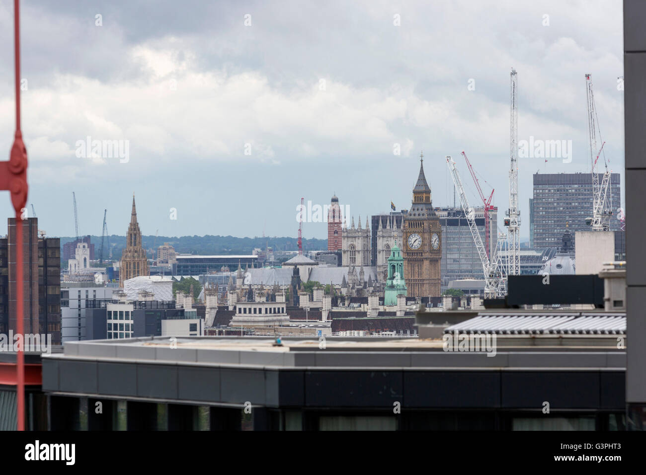 London, UK. 14 June 2016. View of Big Ben from the viewing terrace of the Switch House. Press preview of the new building, the Switch House, at Tate Modern which will open to the public this weekend. Stock Photo