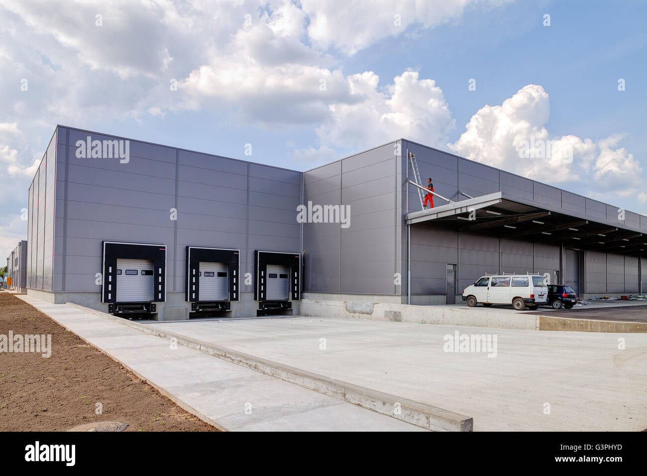 Perspective view of production hall and parking Stock Photo