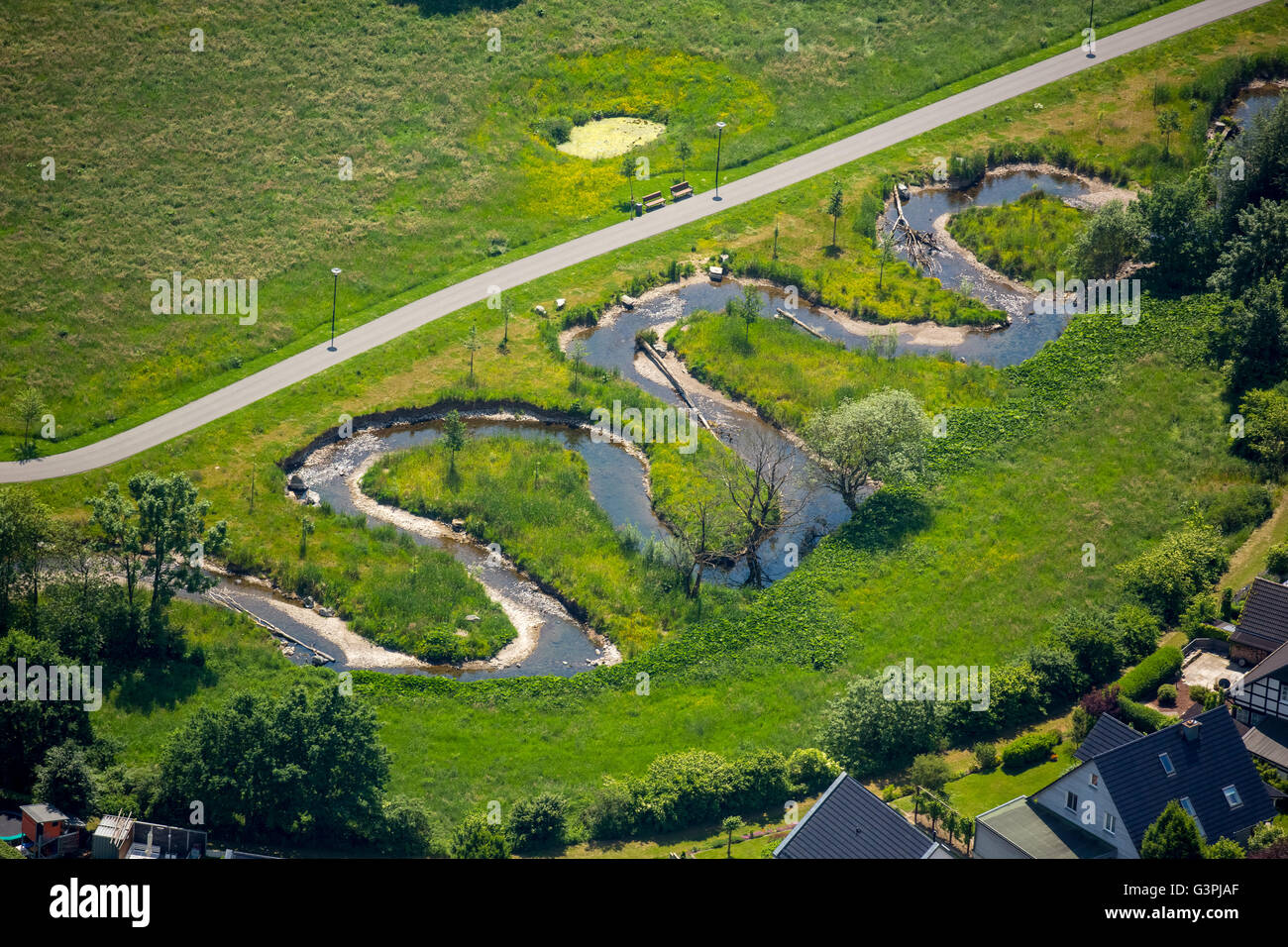 Aerial view, hen, restoration, Henne meander, Meschede, Sauerland, North Rhine-Westphalia, Germany, Europe, Aerial view, Stock Photo