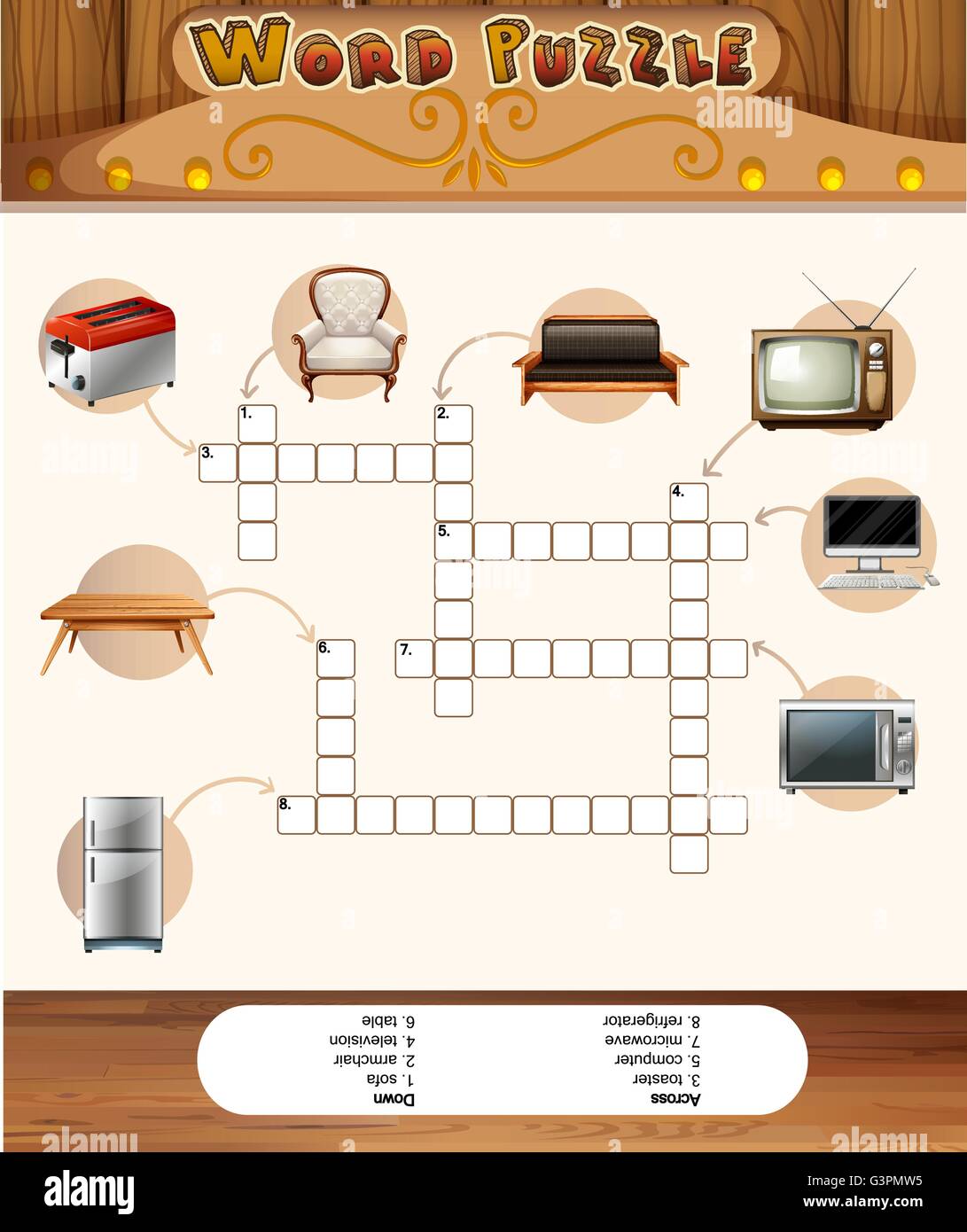 Word puzzle game with objects in the house illustration Stock Vector Image  & Art - Alamy