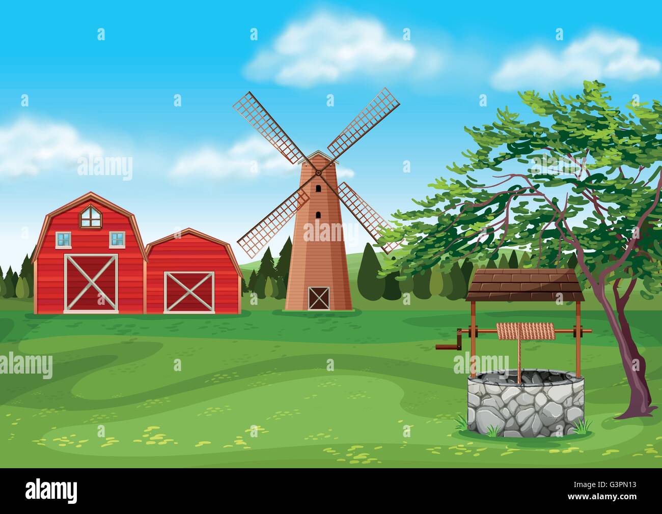 Barns and windmill in the farmyard illustration Stock Vector Image ...