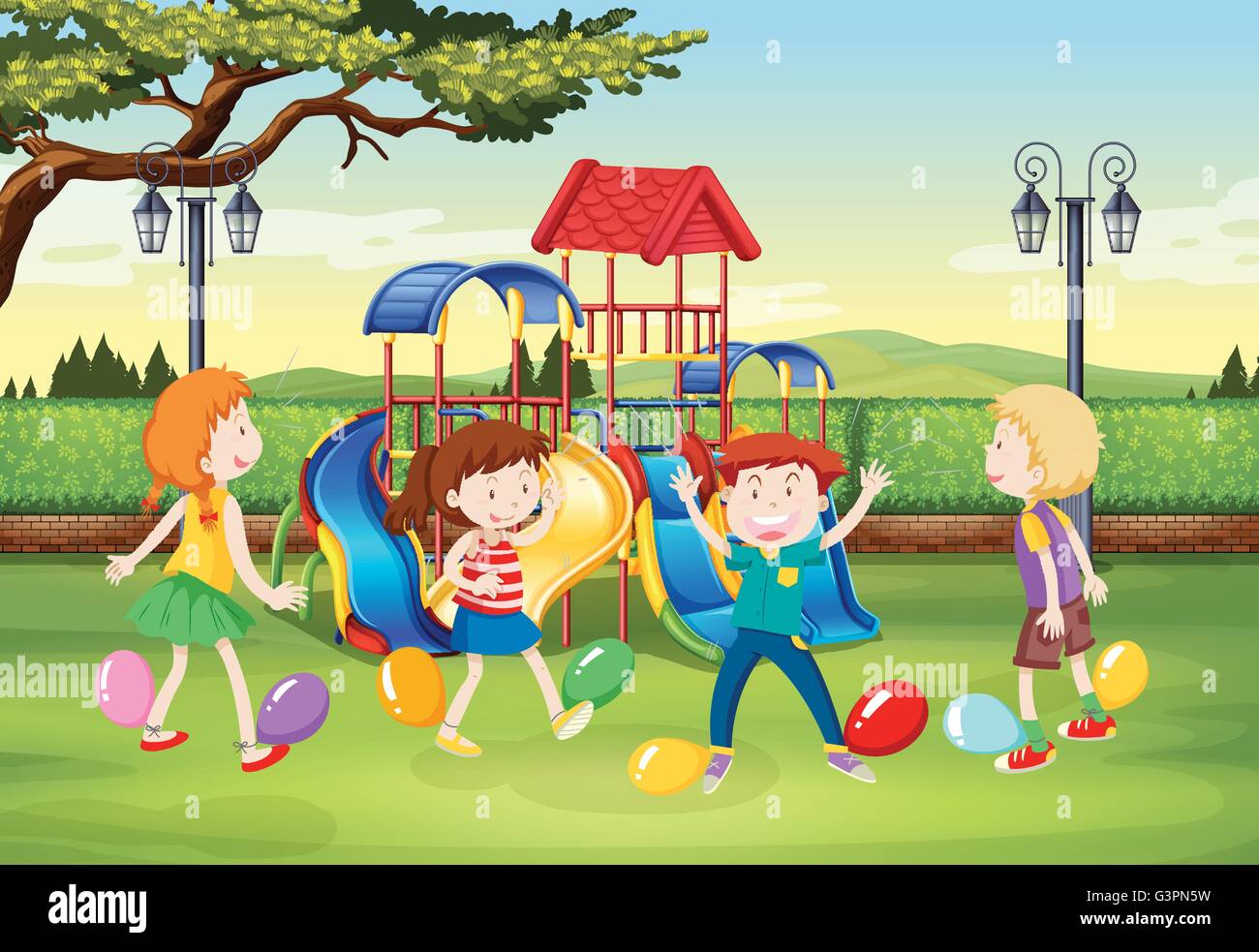 Children playing balloon popping in the park illustration Stock Vector