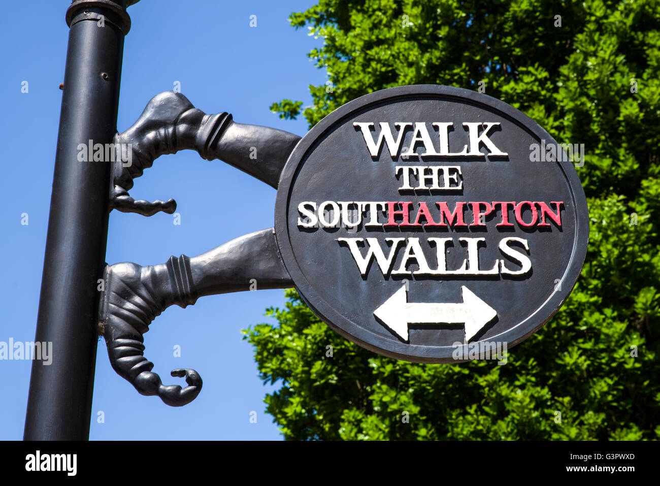 A sign in Southampton marking the route and location of the historic City Walls. Stock Photo